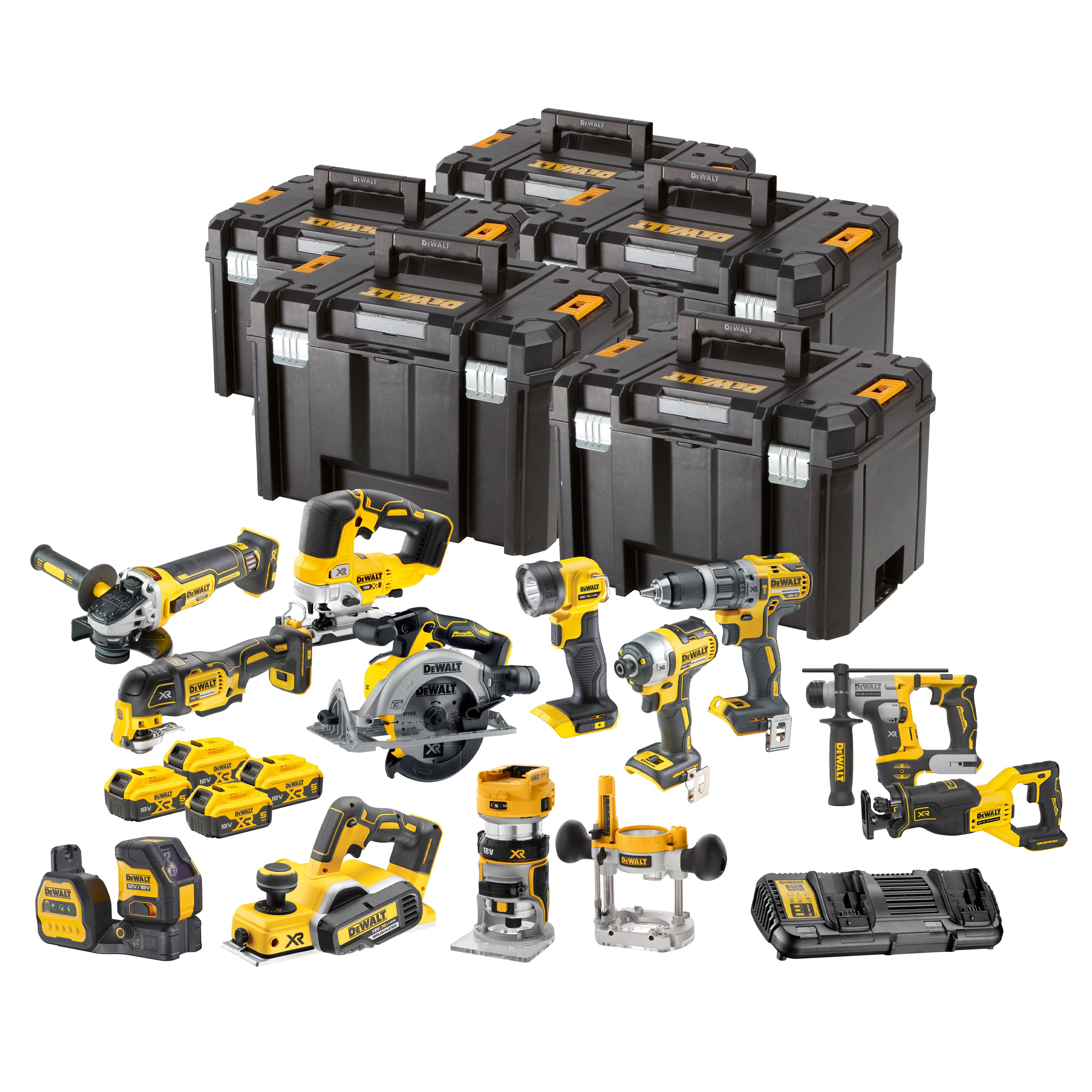 „DeWalt DCK1014P4T“ 12 dalių XR 18 voltų 5,0 Ah ličio jonų įrankių rinkinys su 4 baterijomis + 5 metų pardavėjo garantija!