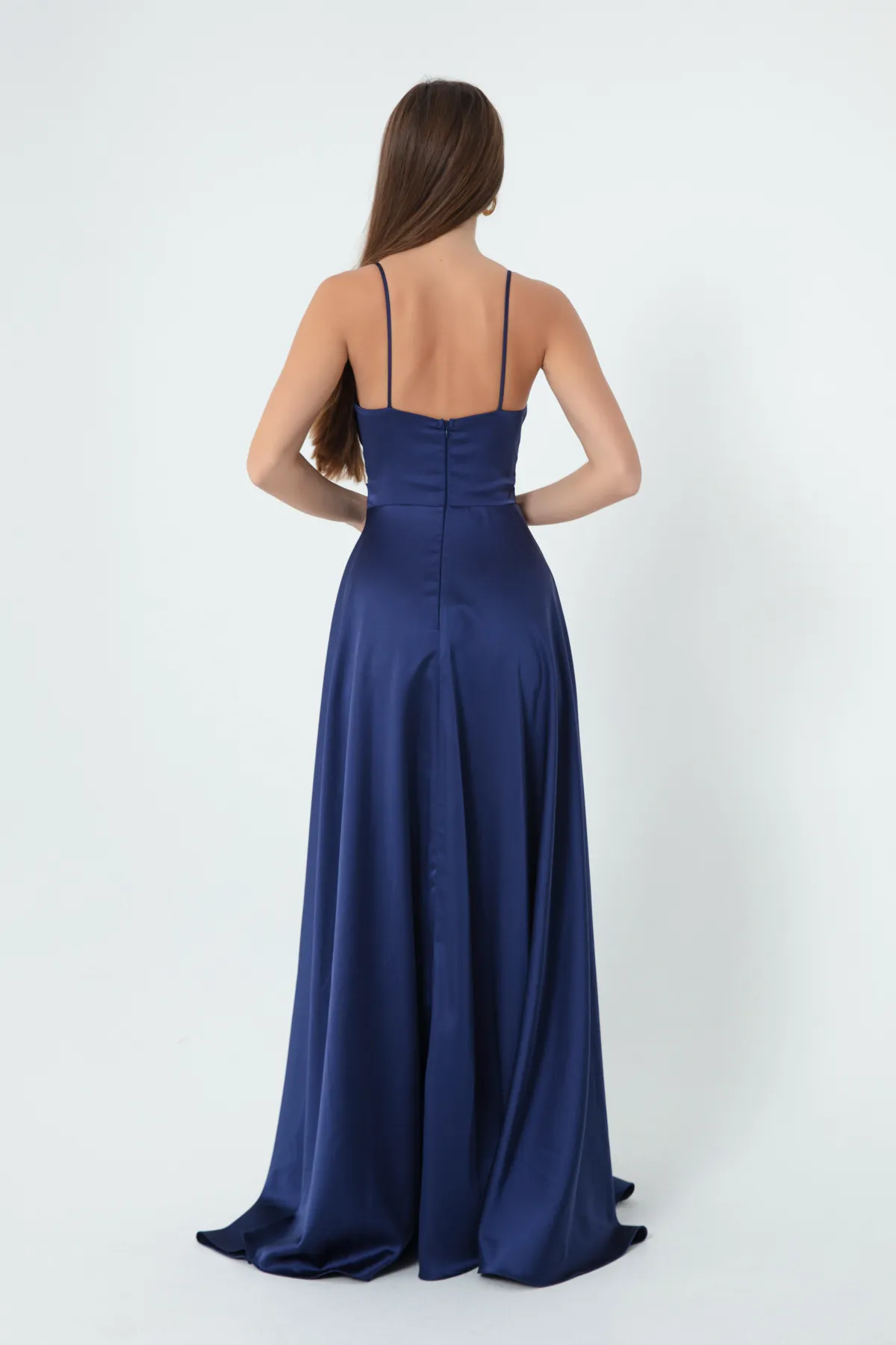 Lafaba  Marineblaues langes Abendkleid und Abschlusskleid aus Satin mit Seilriemen und Taillengürtel für Damen