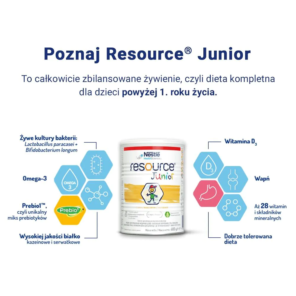 „Resource Junior“, miltelių pavidalo dieta vaikams nuo 1 metų amžiaus, vanilės skonio