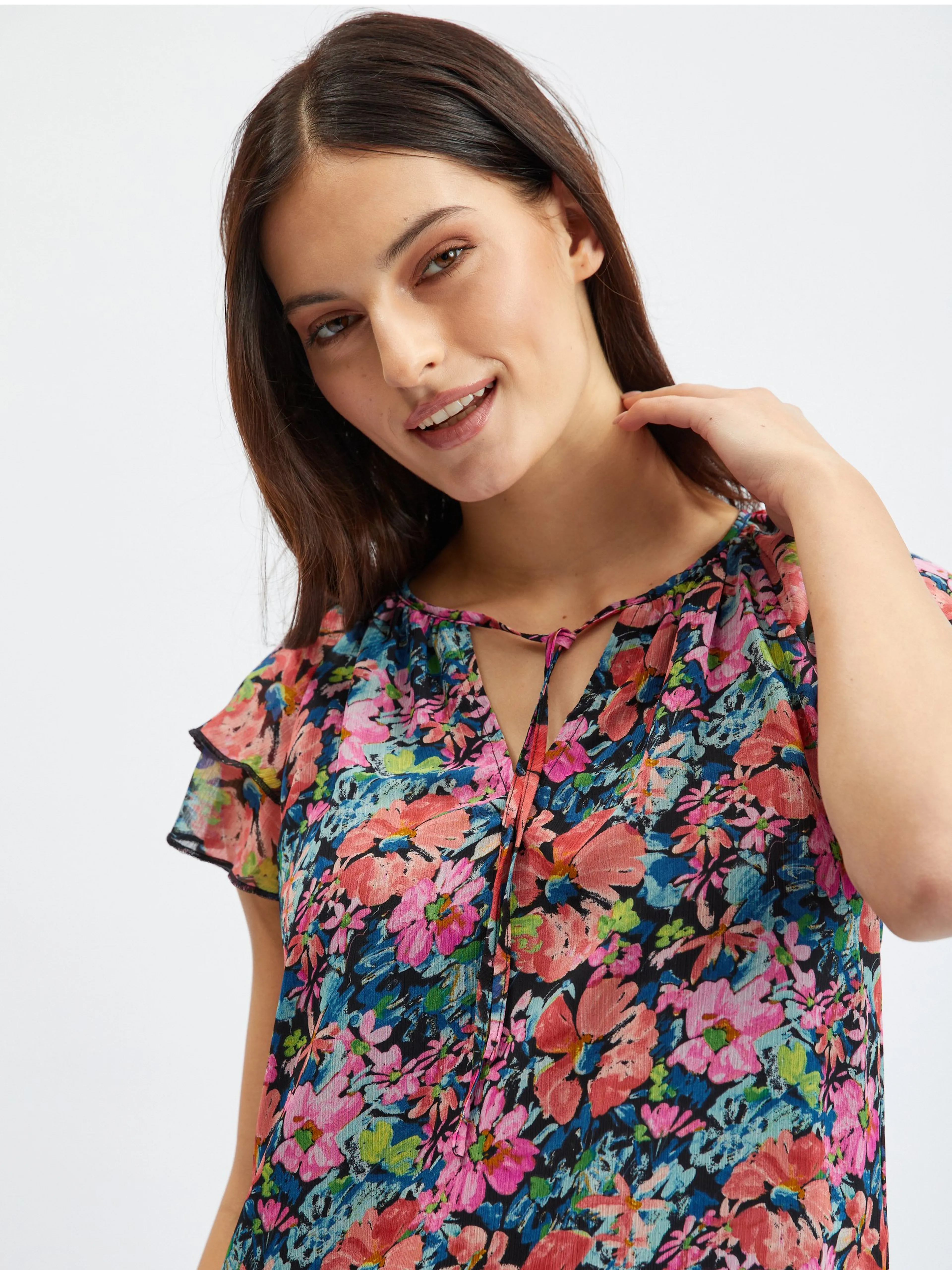 Rote und schwarze Damenbluse mit Blumen ORSAY