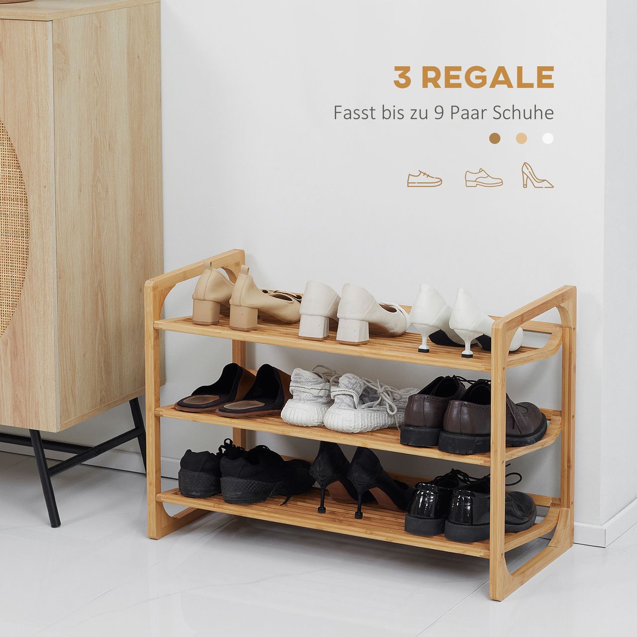HOMCOM Schuhregal mit 3 Ebenen, Schuhständer, Schuhablage für max. 9 Paar Schuhe