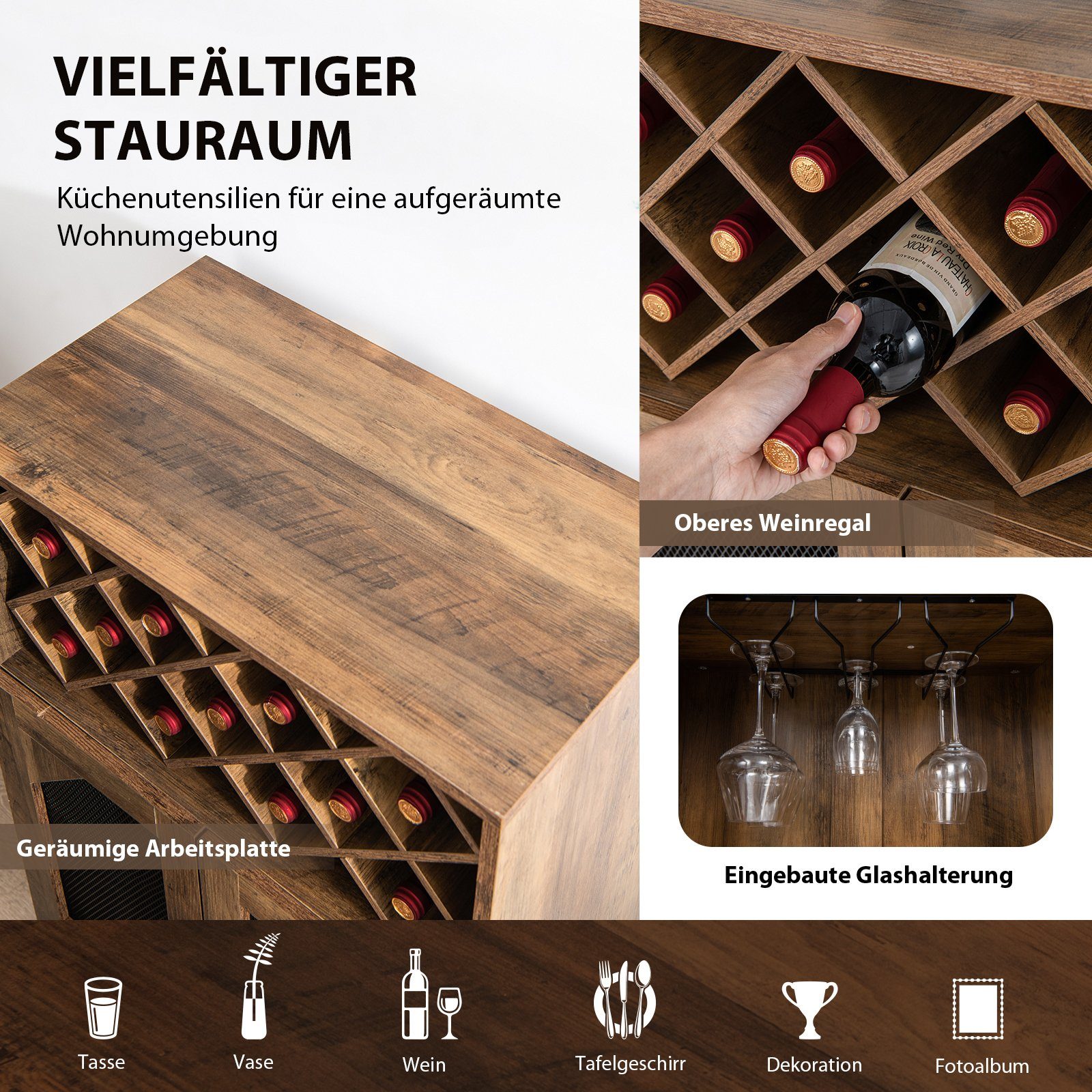 COSTWAY Weinregal, mit abnehmbarem Flaschenregal für 11 Flaschen, Glashalter