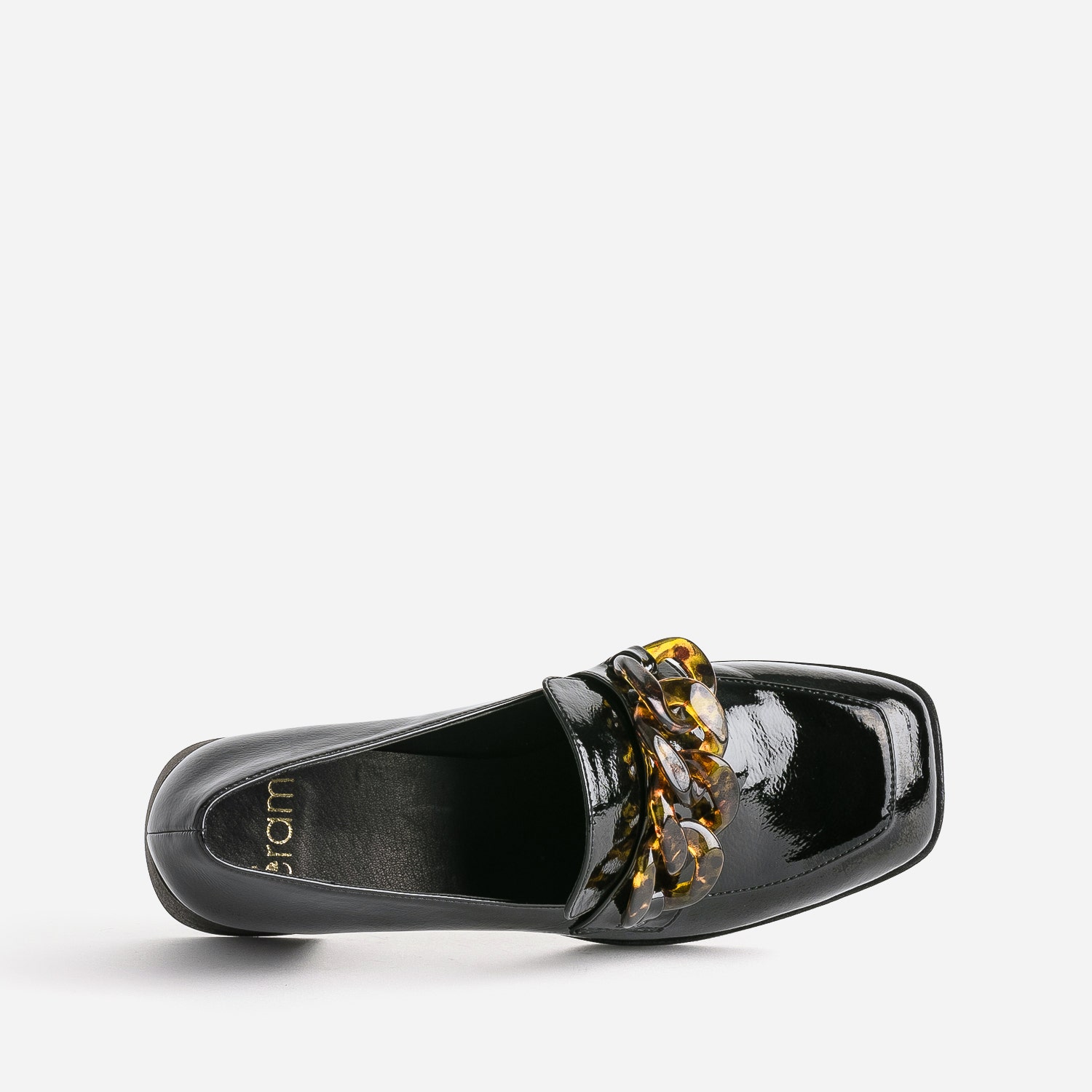 Mocassin à talon noir verni avec maxi chaîne