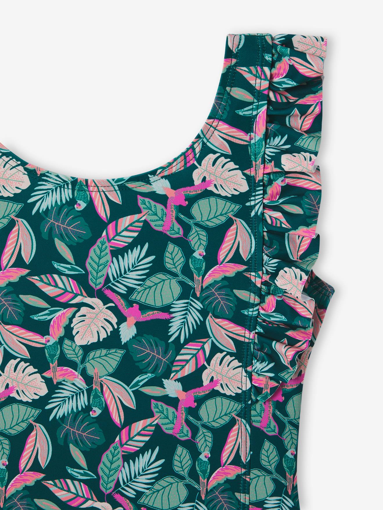 Vertbaudet Mädchen Badeanzug mit Tropenprint Oeko-Tex - tannengrün