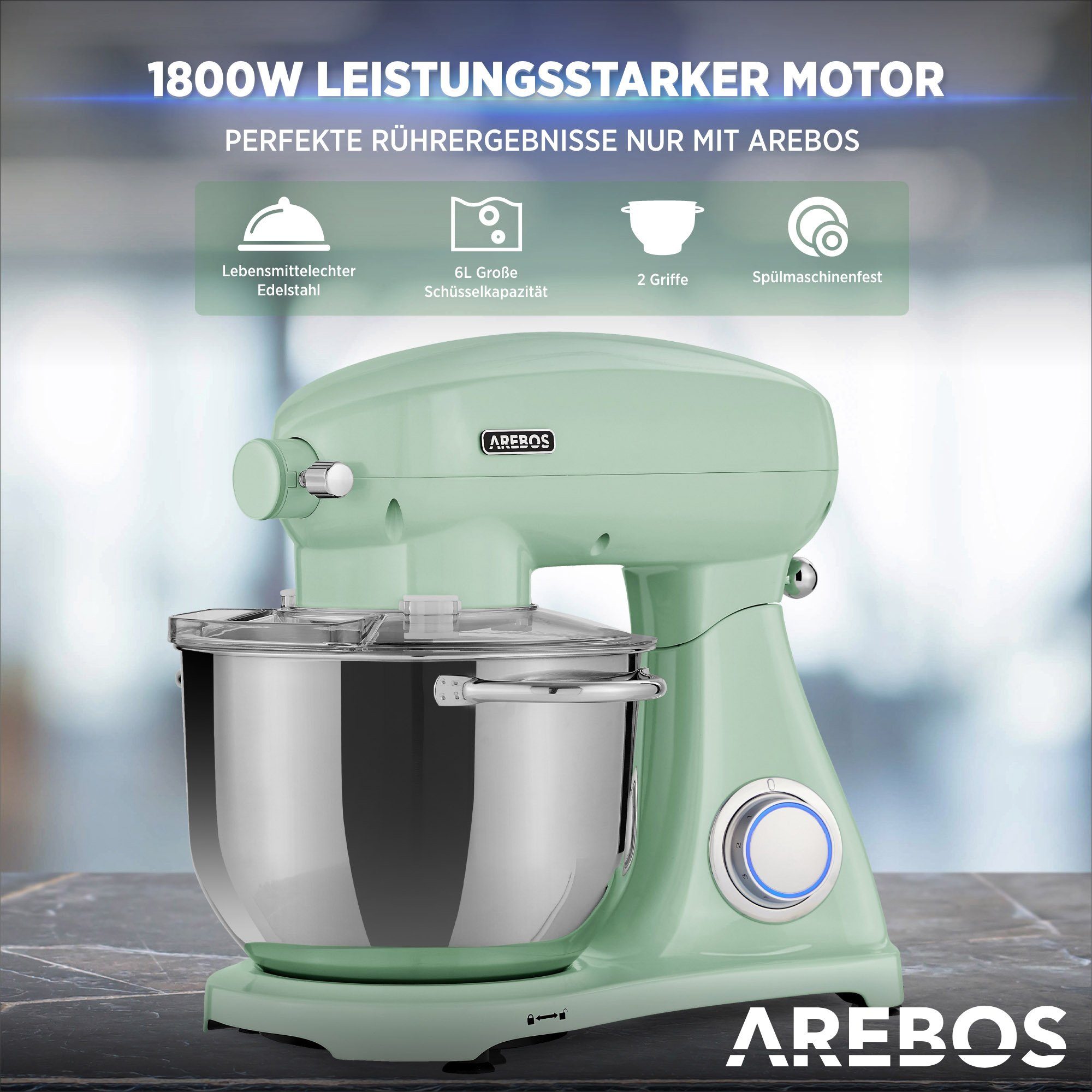 Arebos Küchenmaschine Retro, 6L Edelstahl-Rührschüssel, 6 Geschwindigkeiten, 1800 W