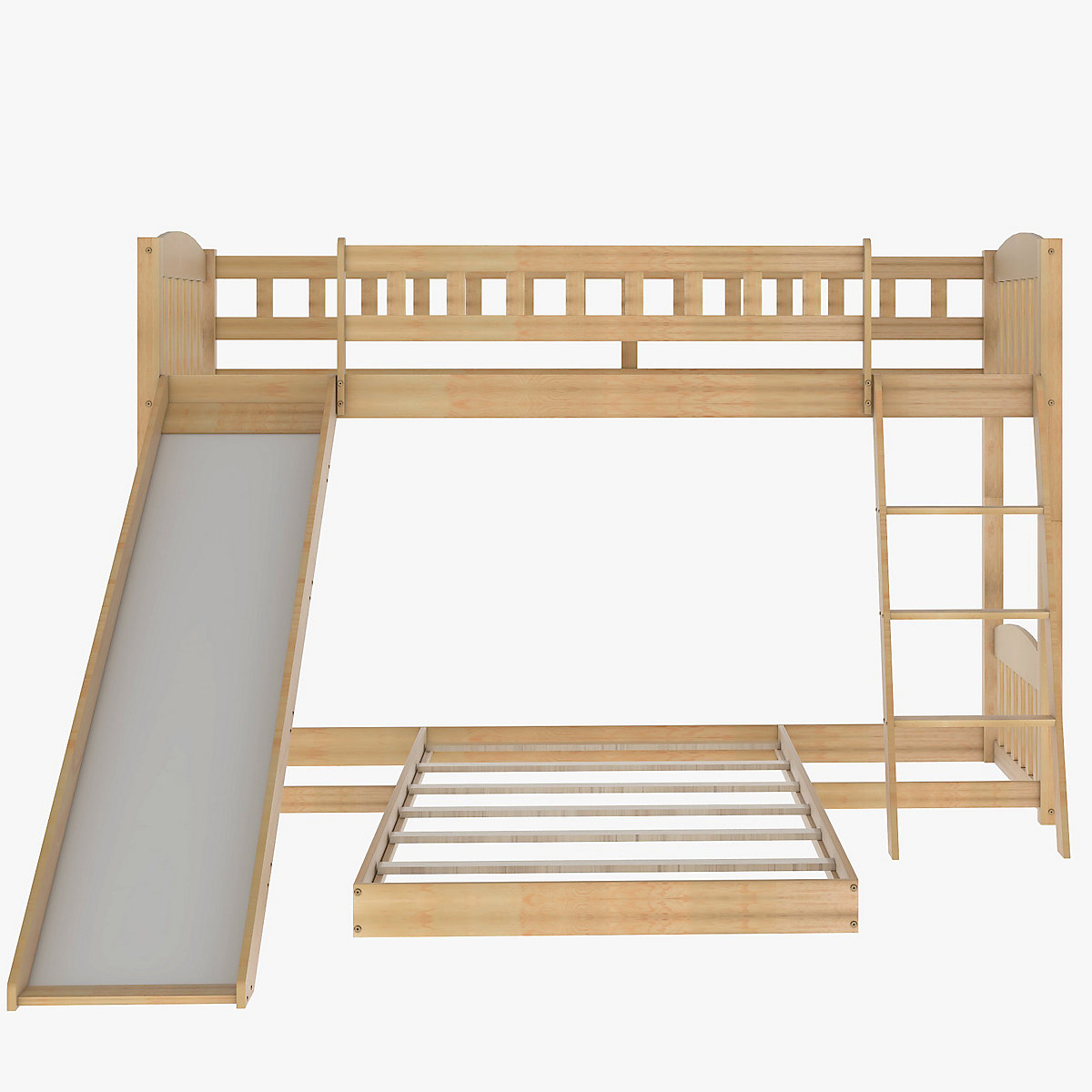 Etagenbett mit Rutsche, Niedriger Kinderbett Etagenbettrahmen Massives Kiefernbett 90 x 200 cm