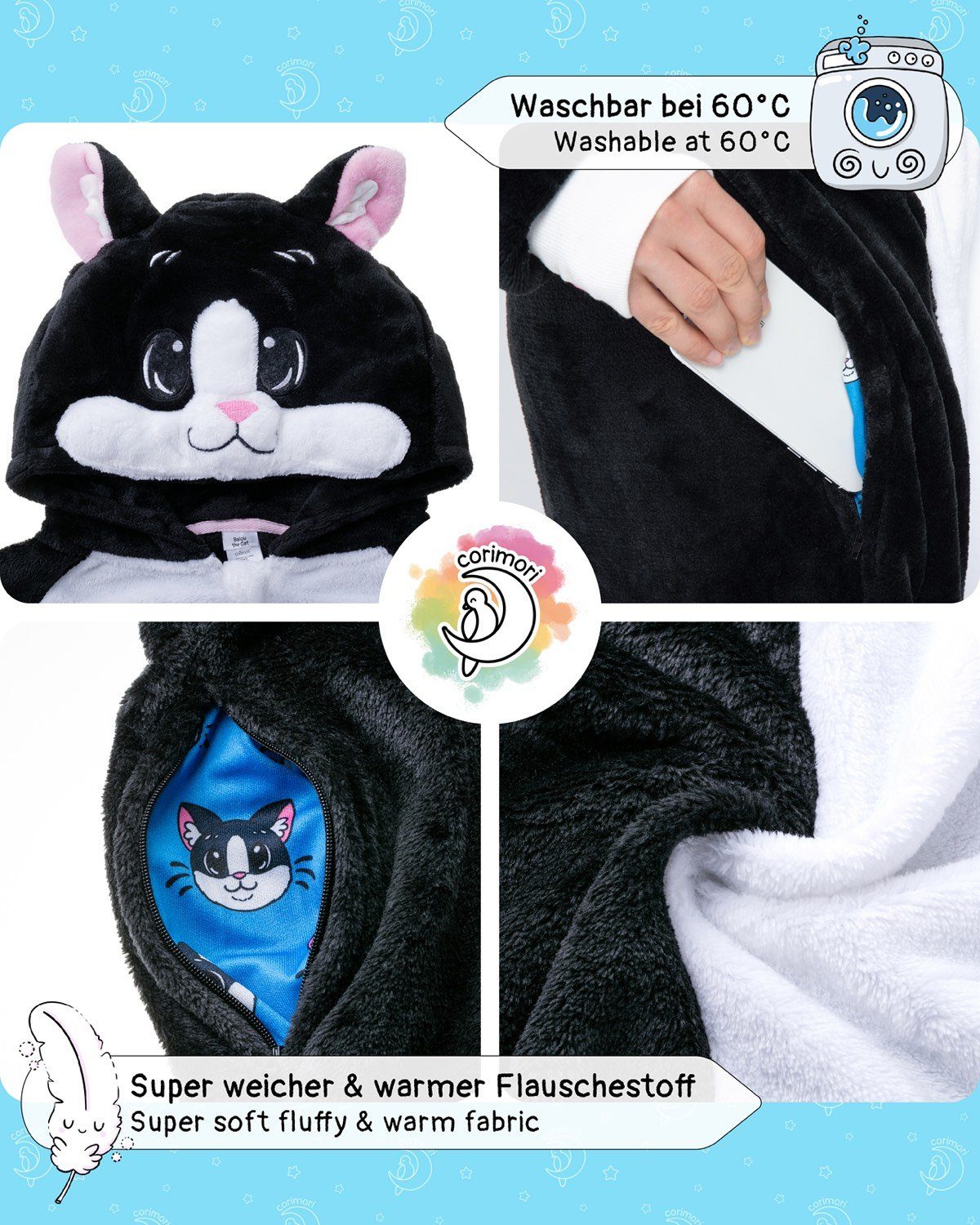 Corimori Jumpsuit Flauschiges Katzen-Kostüm für Kinder (2-tlg) mit Haarreif, Jungen, Mädchen, Verkleidung, schwarz-weiß, Fasching