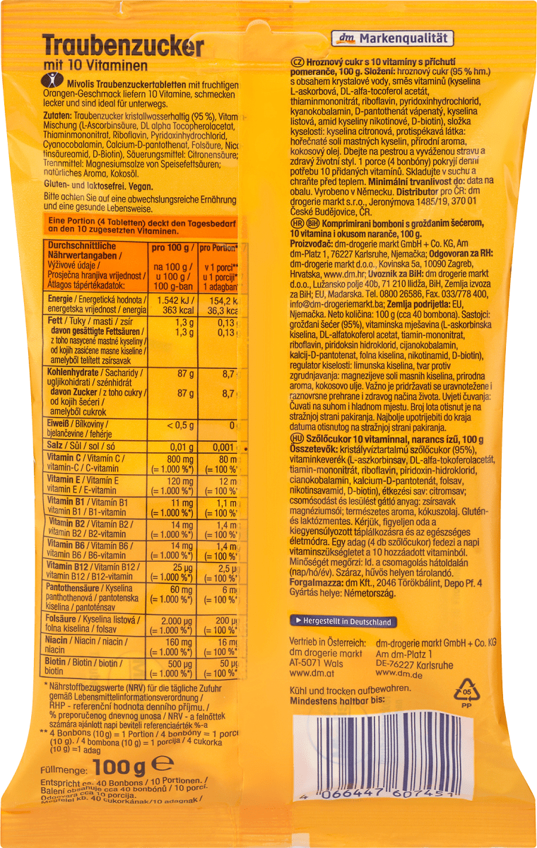 Traubenzucker, Orange mit 10 Vitaminen, 100 g