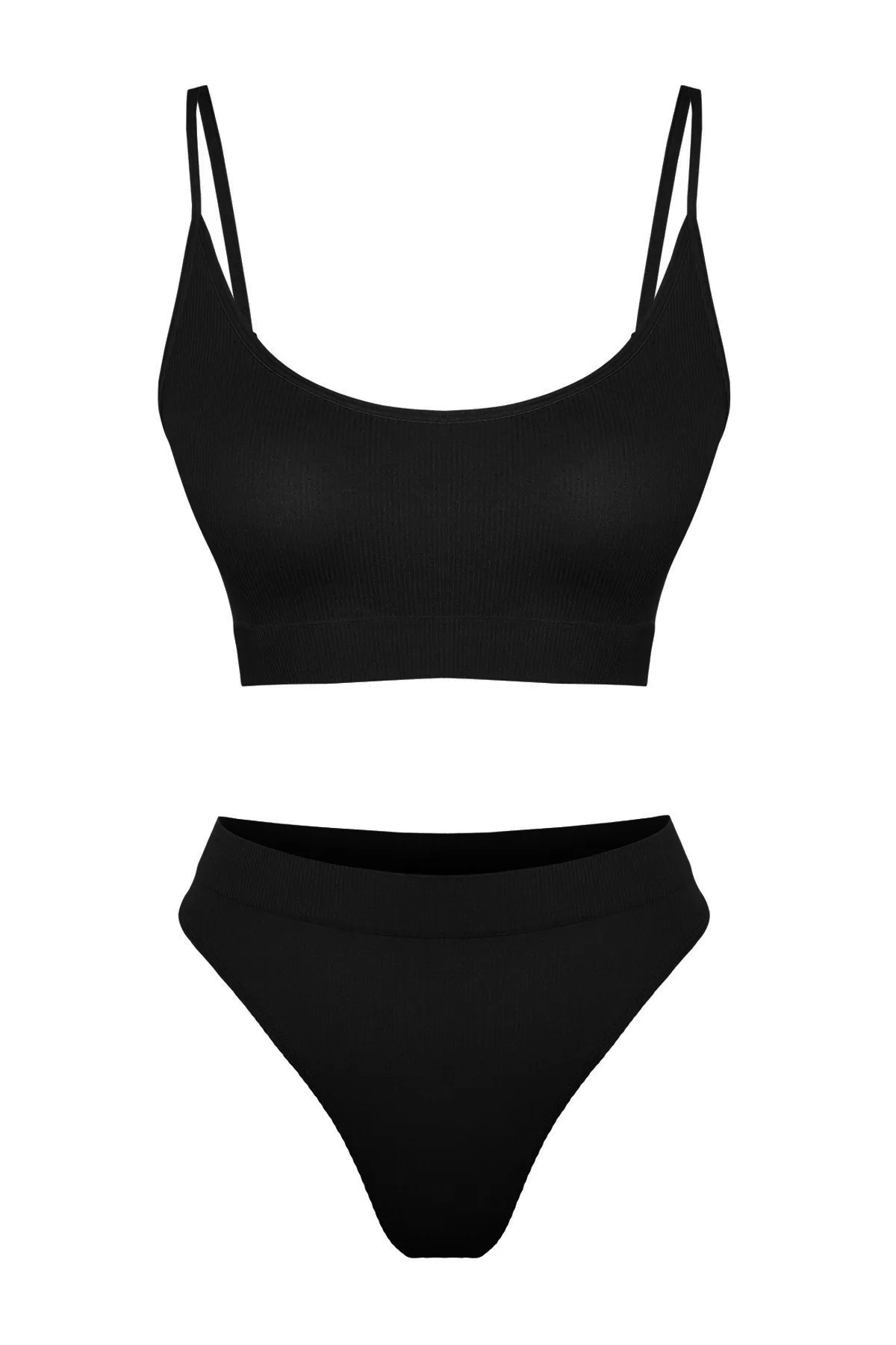 Trendyol Collection  Schwarzes nahtloses/nahtloses Unterwäscheset aus Strick mit Seilriemen und Kappe THMSS24CC00033