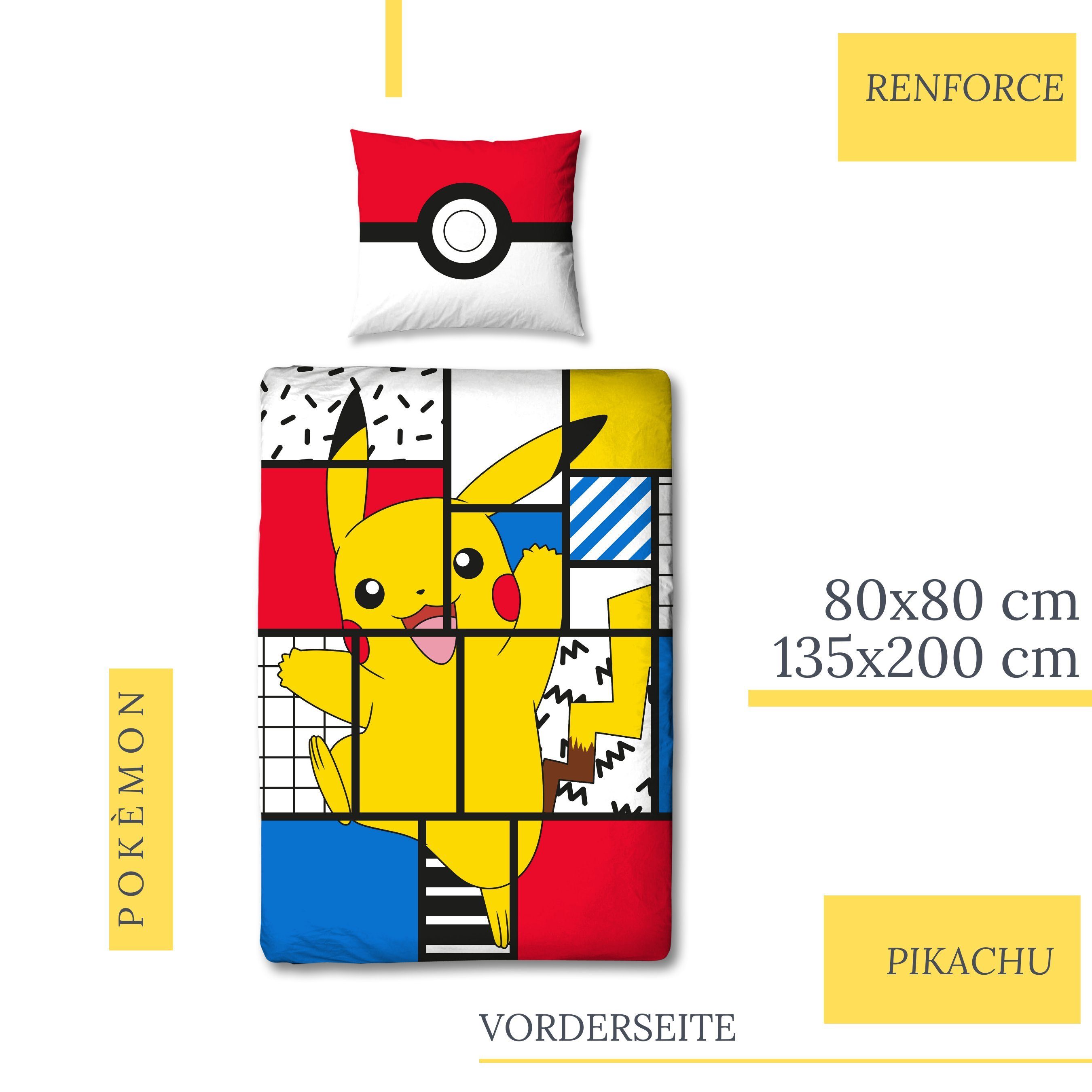Bettwäsche Pokémon 135x200 + 80x80 cm, 100 % Baumwolle, MTOnlinehandel, Renforcé, 2 teilig, Pikachu für Kinder, Teenager, Jugend