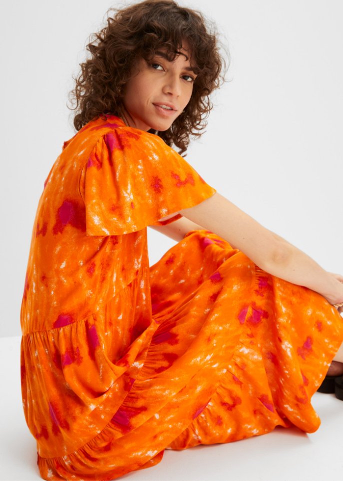 Knieumspielendes Jerseykleid mit Flügelärmeln, Volants und Taschen