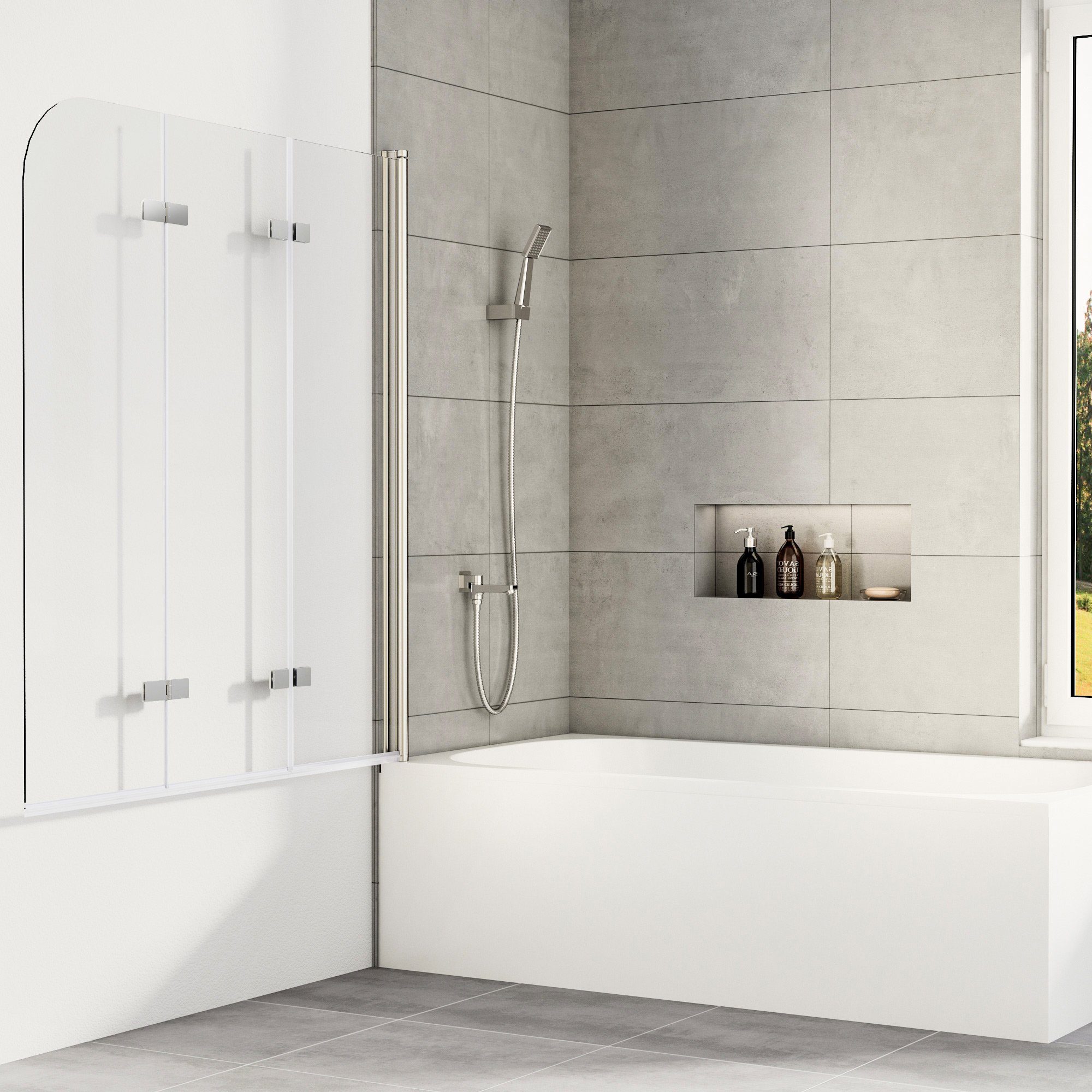 Boromal Badewannenaufsatz Duschwand für Badewanne Badewannenfaltwand 3-teilig faltbar mit NANO, Einscheibensicherheitsglas, Sicherheitsglas nach EN 12150, Easy-Clean Oberflächenbeschichtung