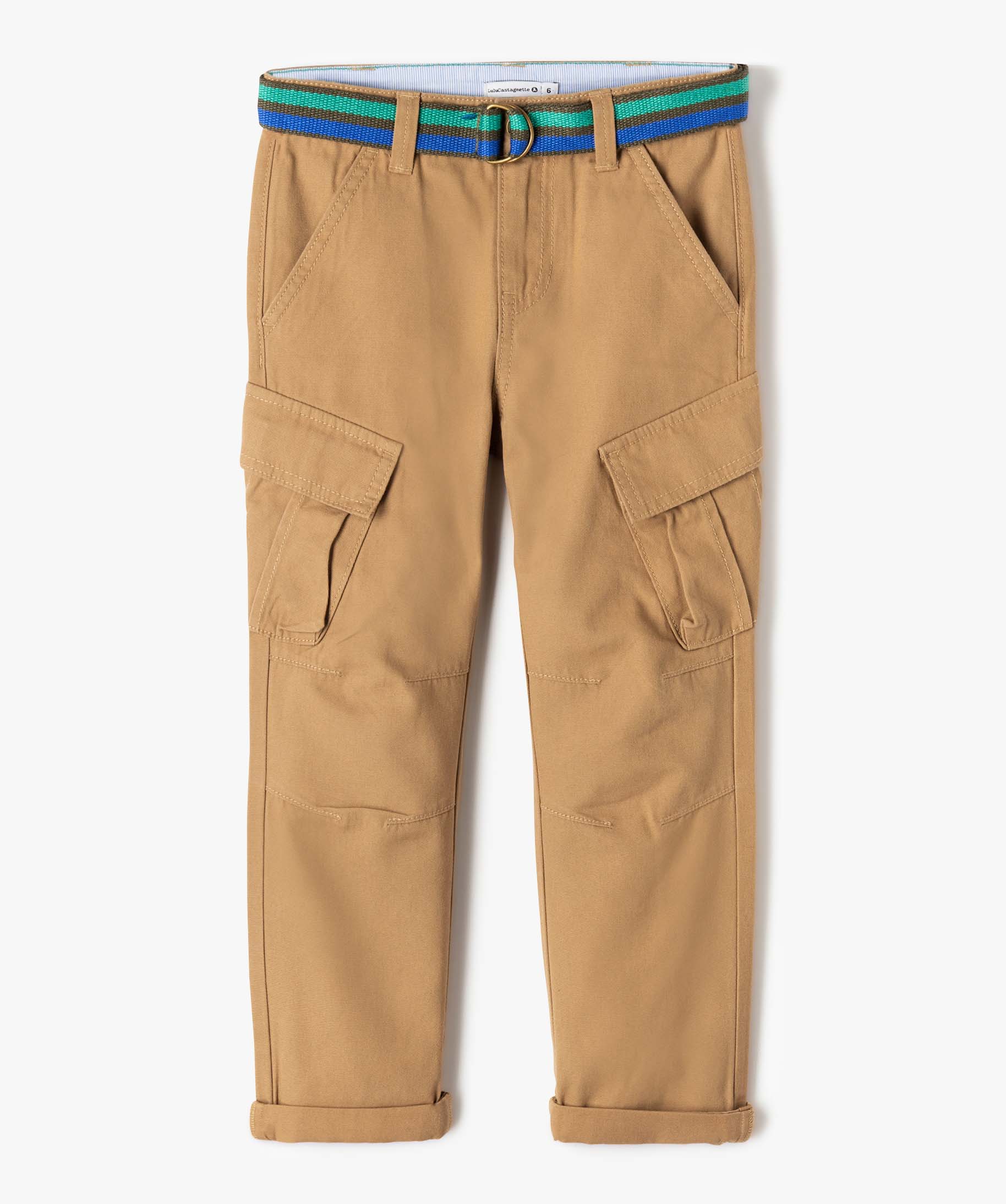 Pantalon Garçon cargo en twill avec ceinture rayée - LuluC... beige | GEMO