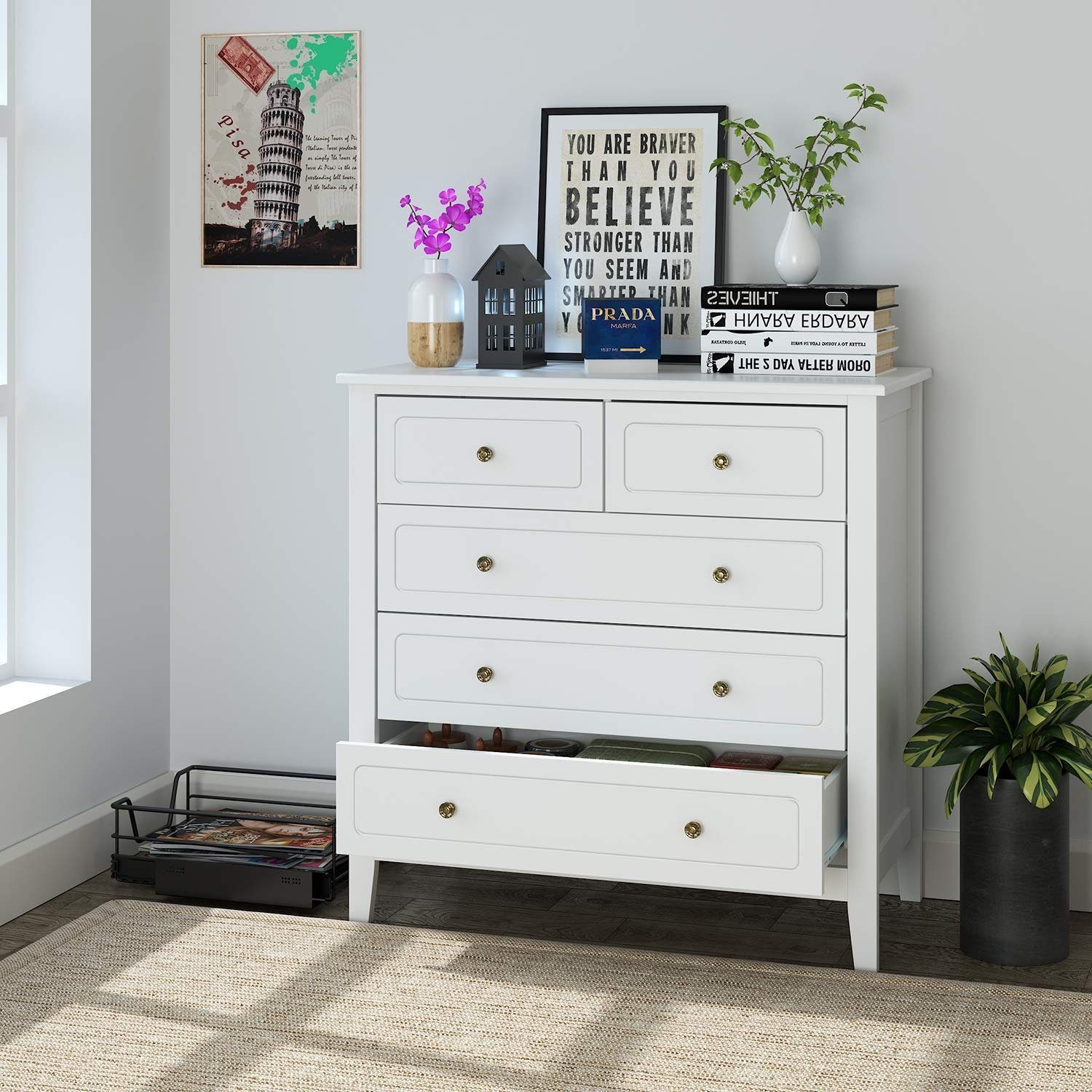Homfa Kommode, Sideboard mit 5 Schubladen, Metallgriffe, weiß, 80x40x80cm