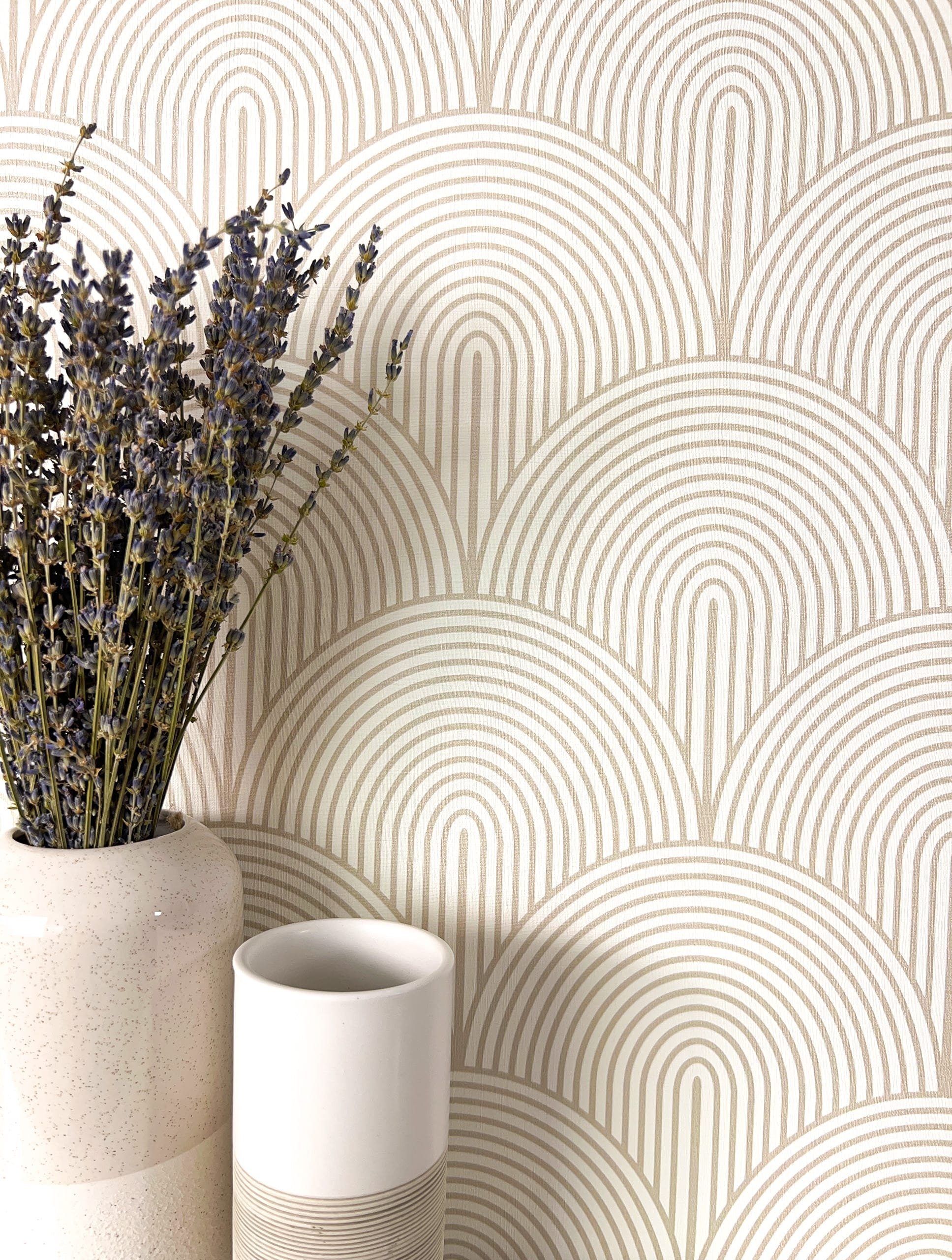 Newroom Vliestapete, Beige Tapete Modern Bogen - Mustertapete Ästhetik Grau Weiß Boho Art déco Linien für Wohnzimmer Schlafzimmer Küche