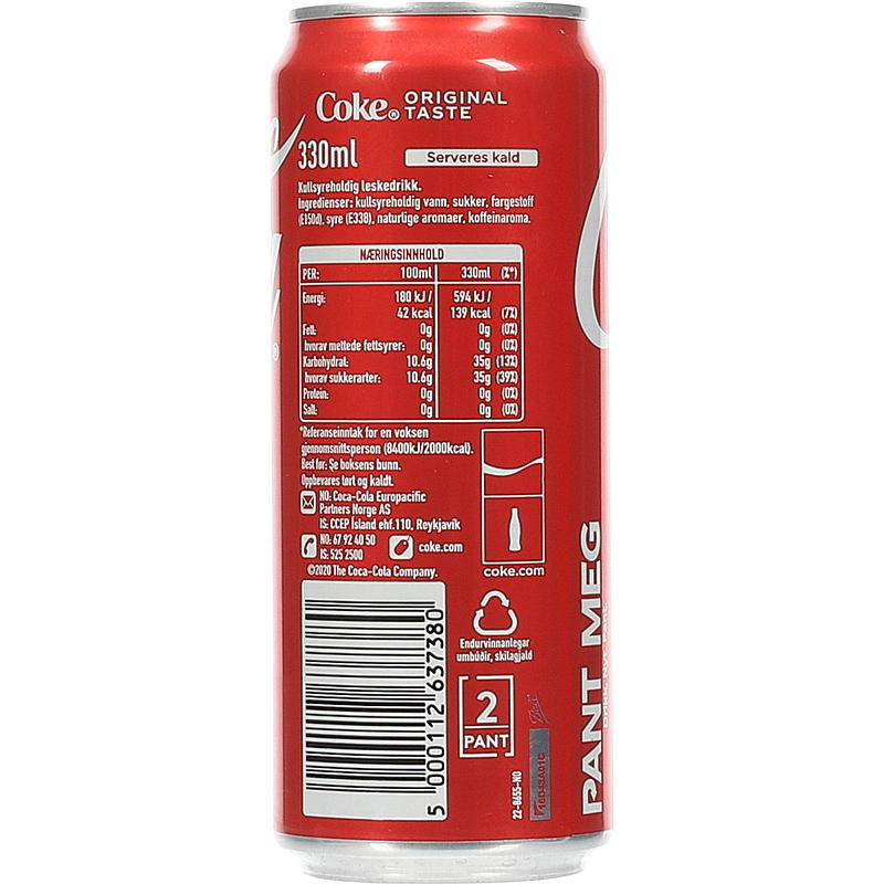 Coca-cola Coca-cola Med sukker 0,33 liter, boks