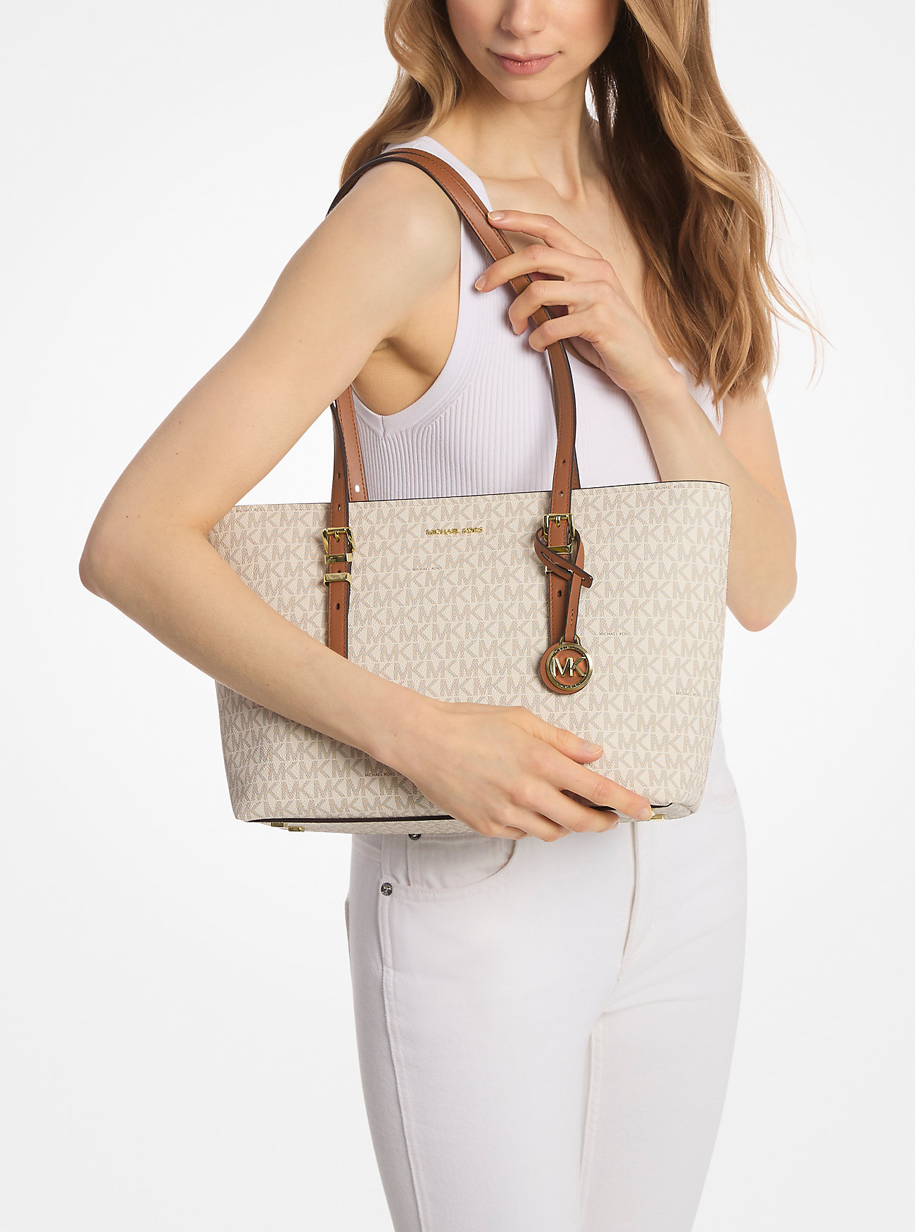 Quinn Medium Signature Logo og Skinnveske – VANILLA/EIKORN