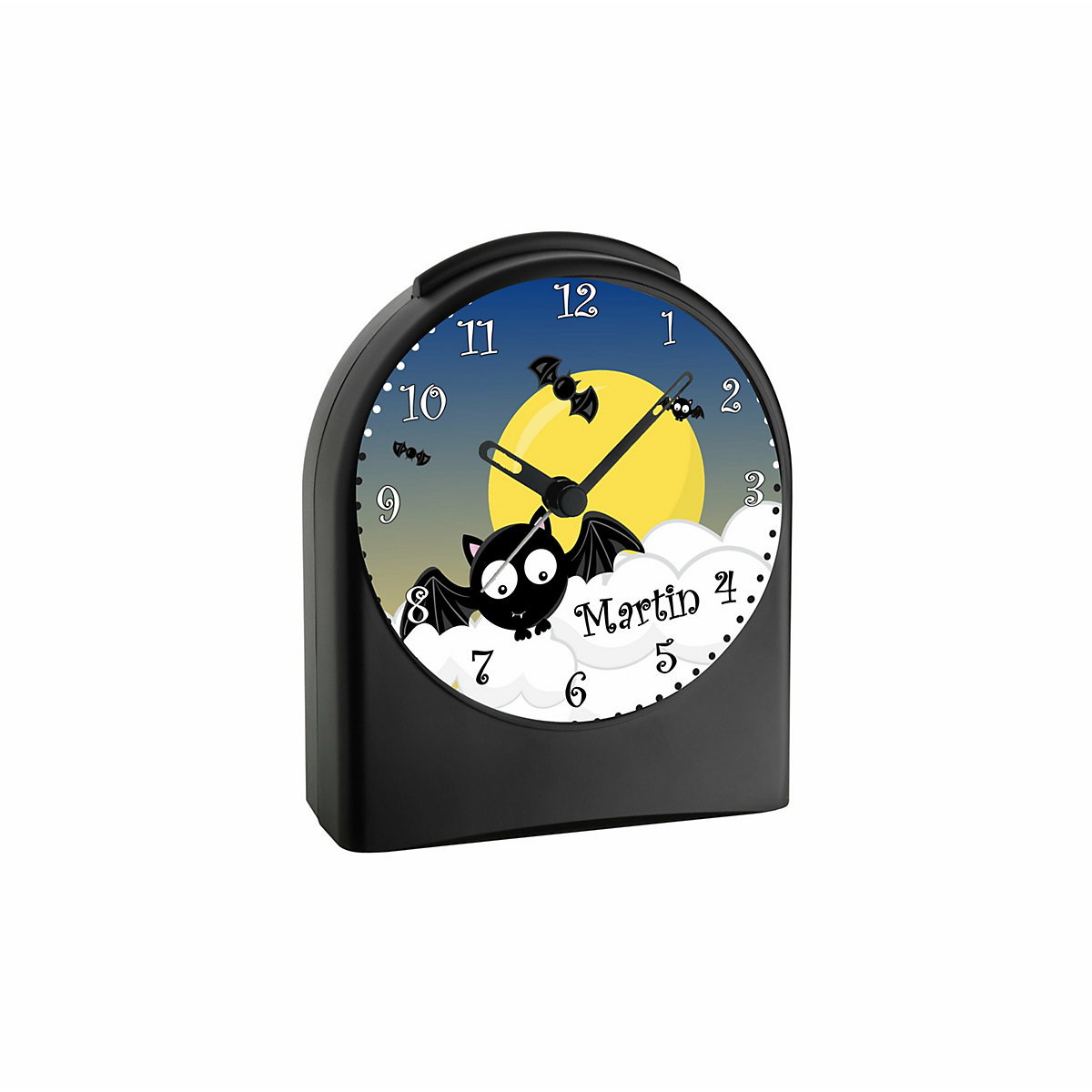 Kinder Funkwecker personalisiert mit Namen Fledermaus Atom-/Funkuhr, 12-Stunden-Anzeigeformat, Schlummerfunktion, Nachtlicht, Geräuschlos/Ohne Ticken