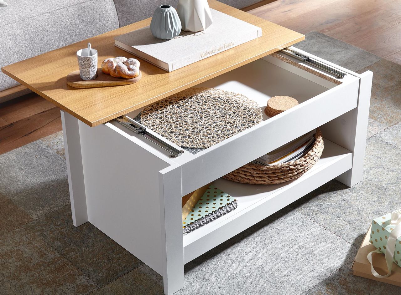 Wohnling Couchtisch 85 cm Weiß / Eiche mit Stauraum