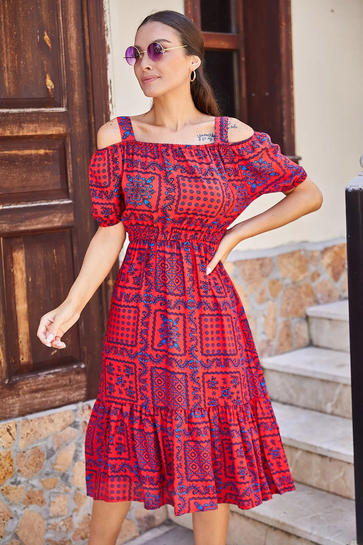 armonika  Korallenrot kariertes, floral gemustertes Trägerkleid mit elastischer Taille für Damen