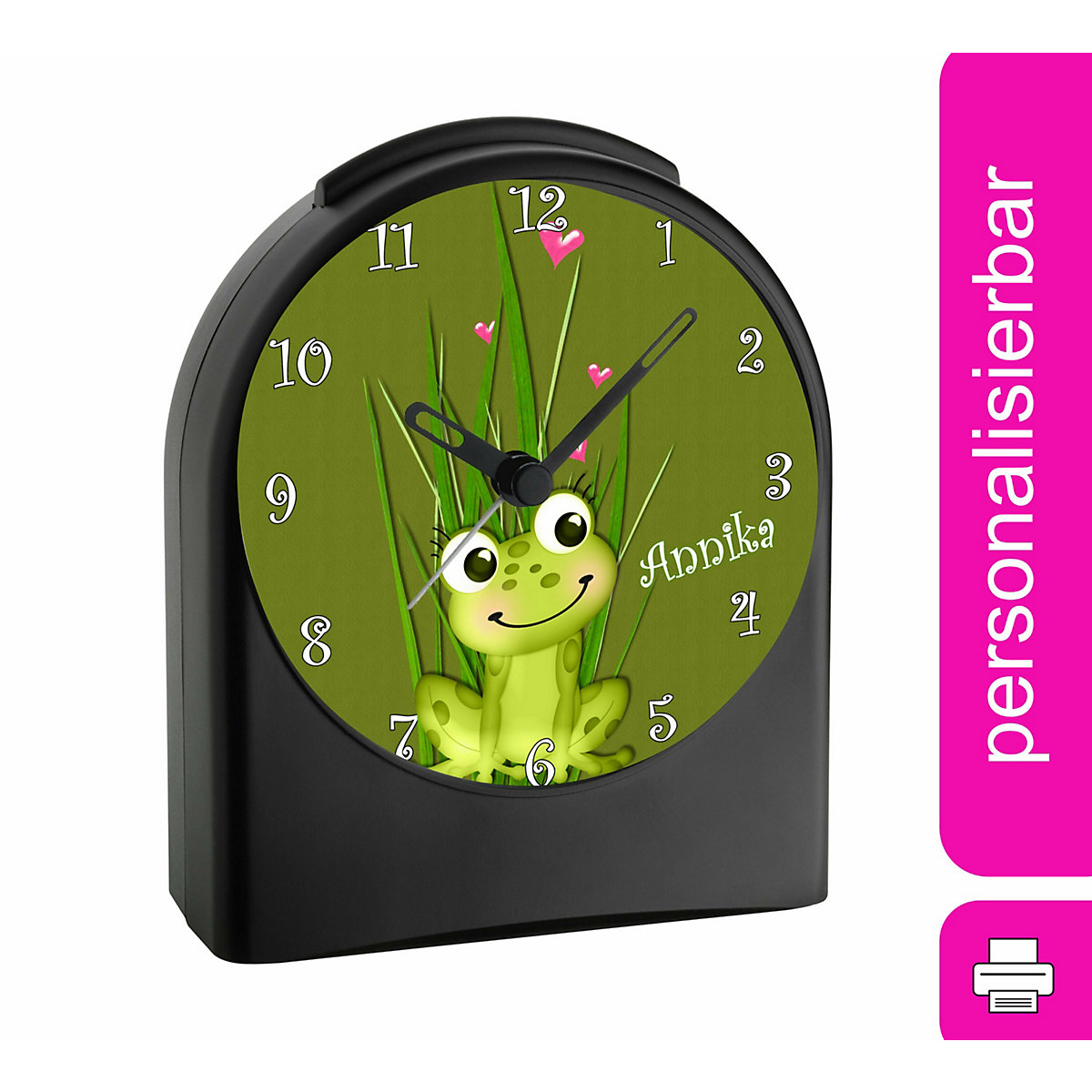 Kinder Funkwecker personalisiert mit Namen Frosch Atom-/Funkuhr, 12-Stunden-Anzeigeformat, Schlummerfunktion, Nachtlicht, Geräuschlos/Ohne Ticken