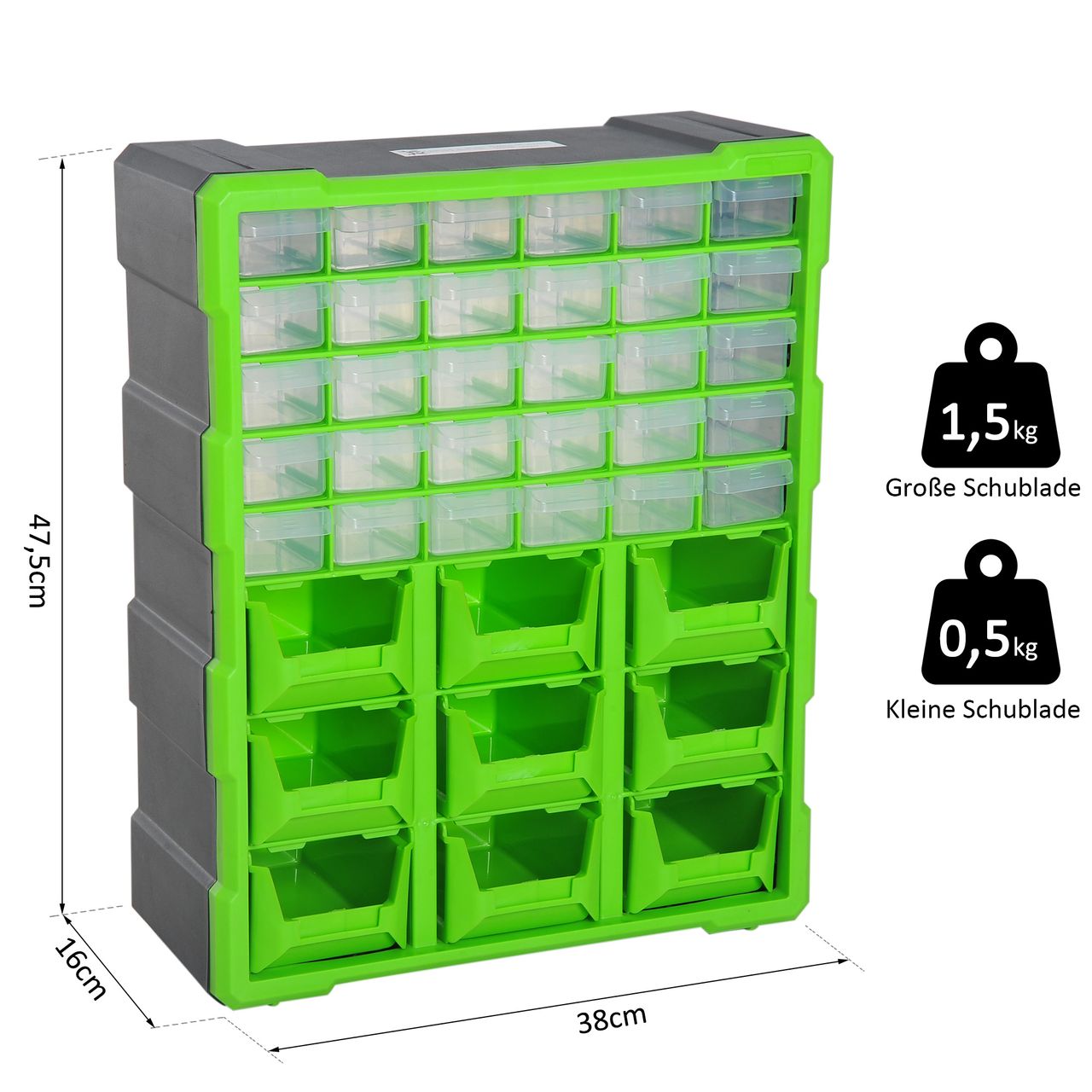 DURHAND Sortierkasten Kleinteilemagazin Teile Box Aufbewahrungsbox 39 Fächer Grün L38 x B16 x H47,5 cm