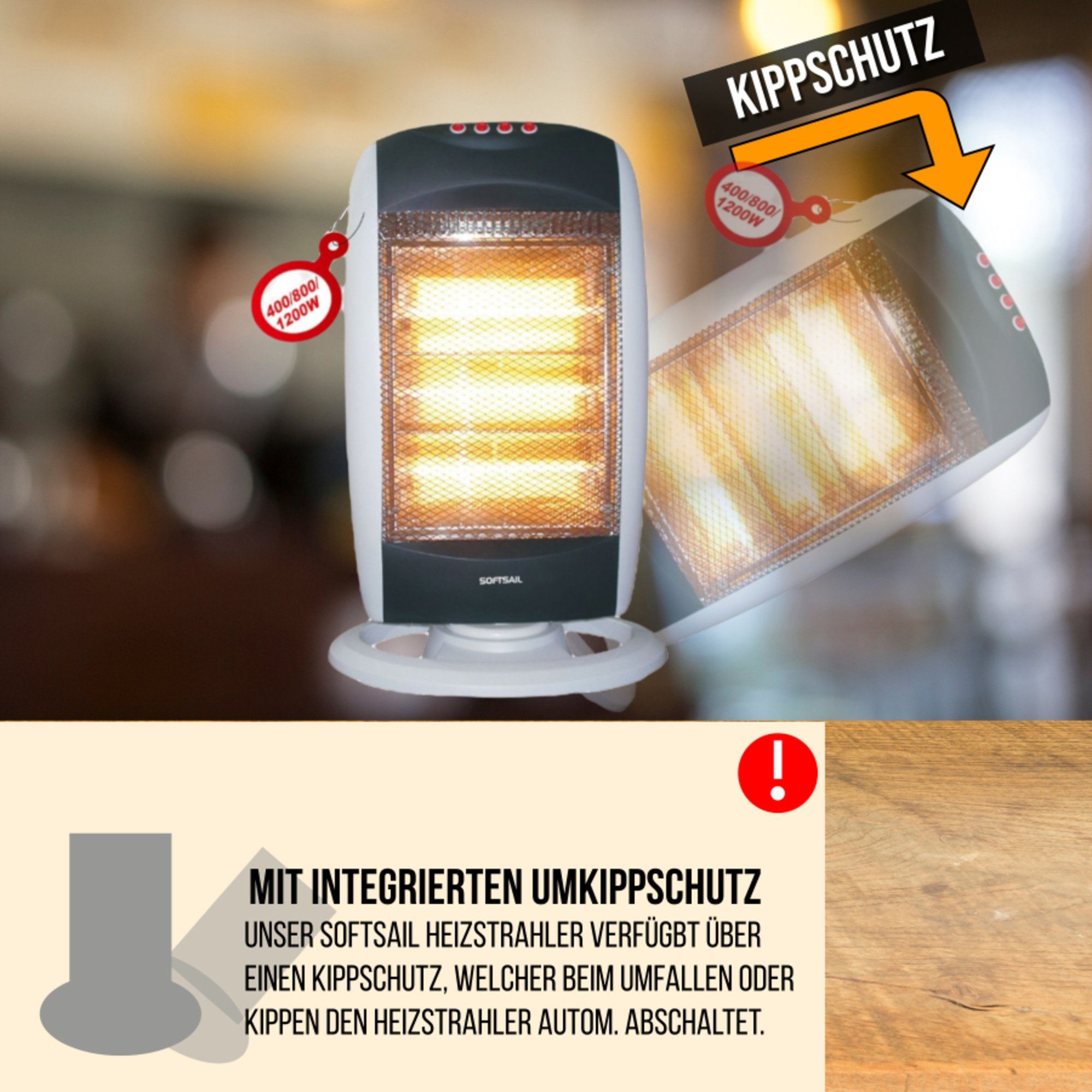 Softsail Heizstrahler Elektrischer Heizstrahler 1200W – Stand Heizstrahler - 3 Heizstufen (400W/800W/1200W), 1200 W