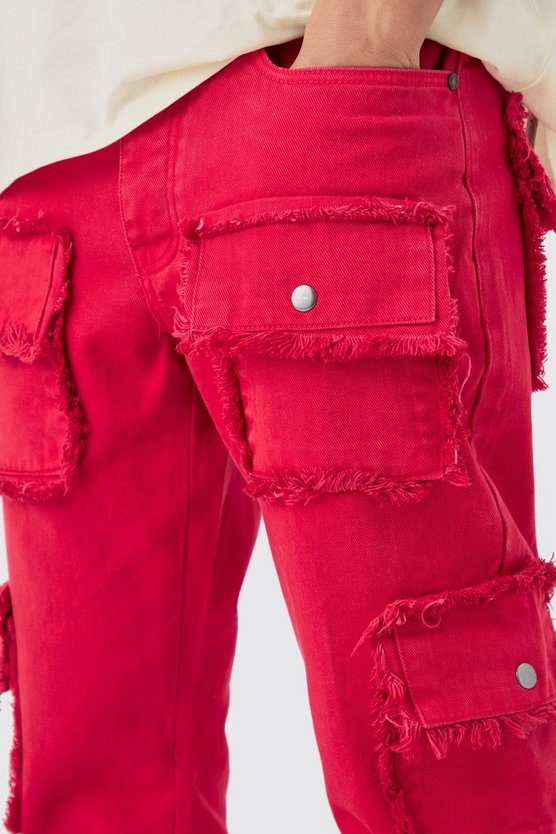 Zerrissene Slim-Fit Jeans in Rot mit Taschen