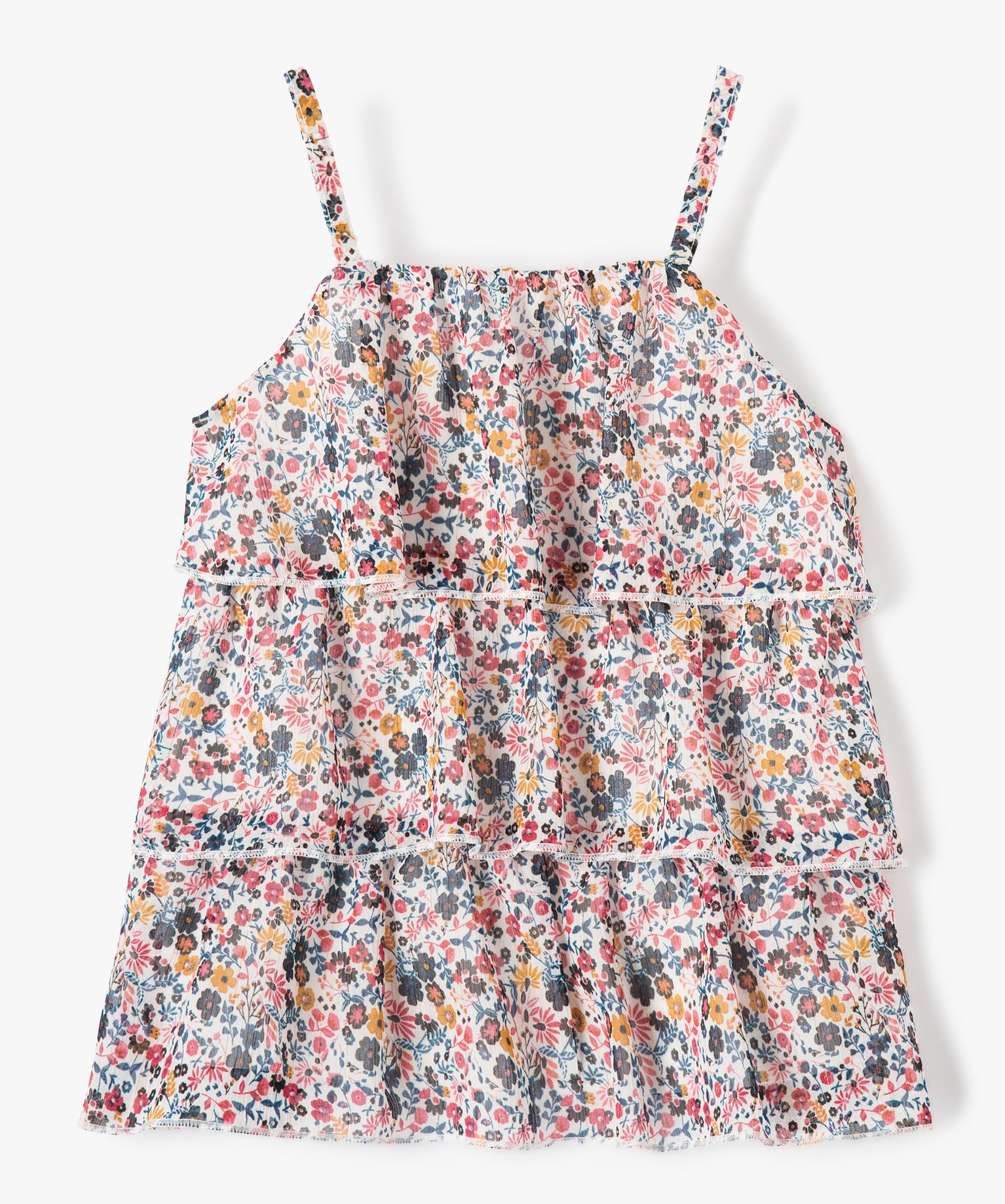 Top fille à fines bretelles et volants motif fleuri multicolore | GEMO