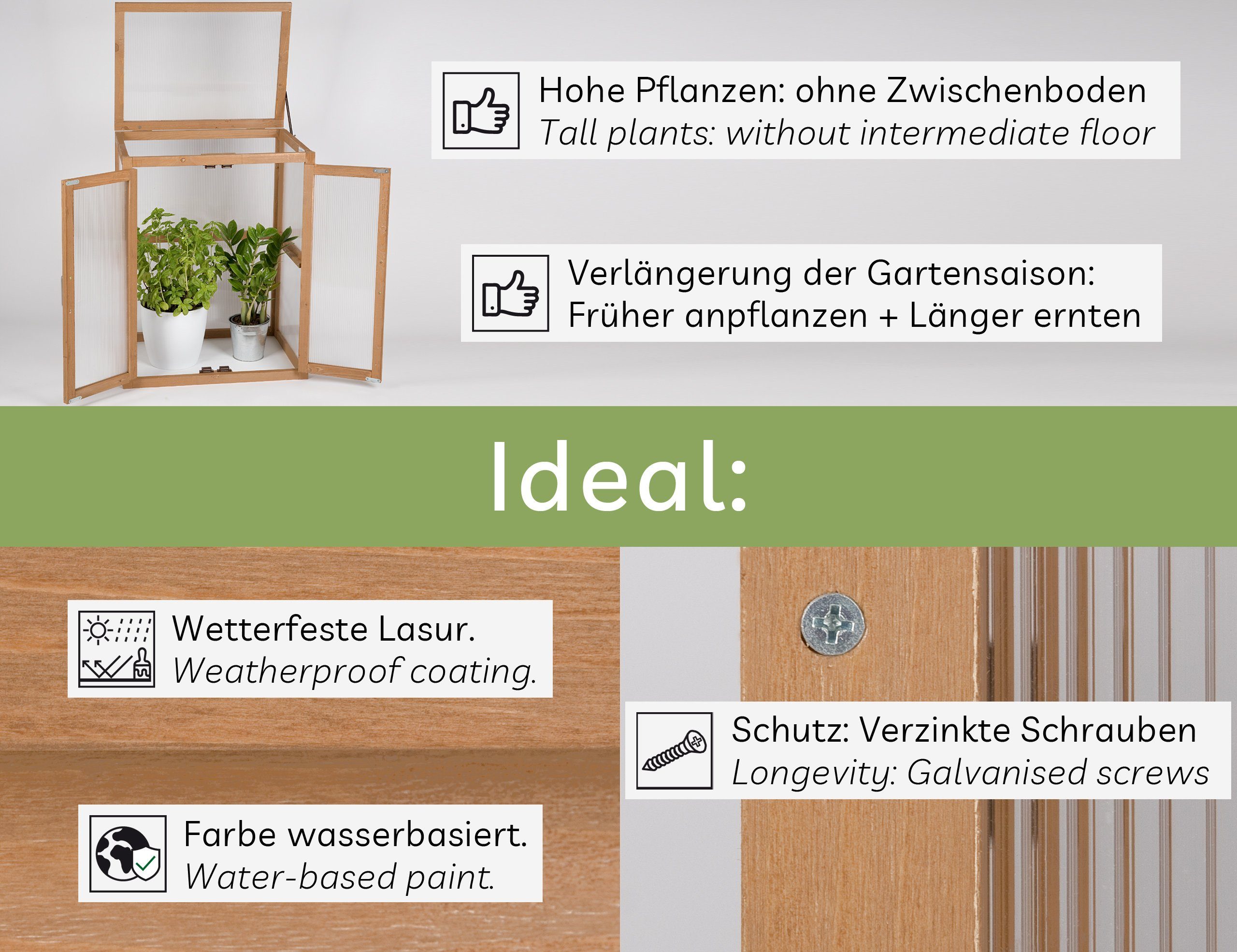 needs&wants® Gewächshaus Mini Treibhaus klein winterfest aus Holz für Balkon Garten Zimmer Indoor, Frühbeet Hochbeet Anzucht Aufzucht von Pflanzen Pflanzschrank Anzuchthaus, 56x43x76 cm, Polycarbonat, braun