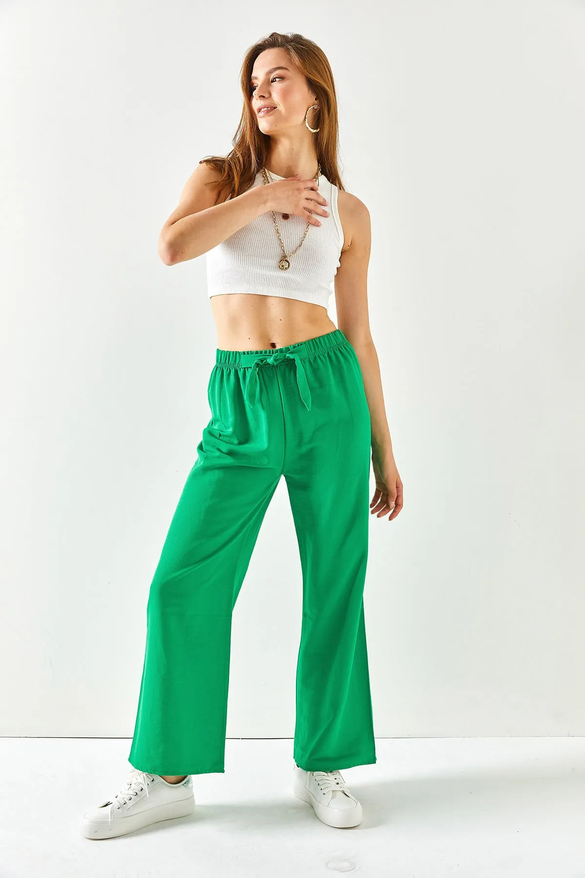 Olalook  Grasgrüne Palazzo-Leinenhose mit elastischem Bund und Schnürung für Damen PNT-19000219