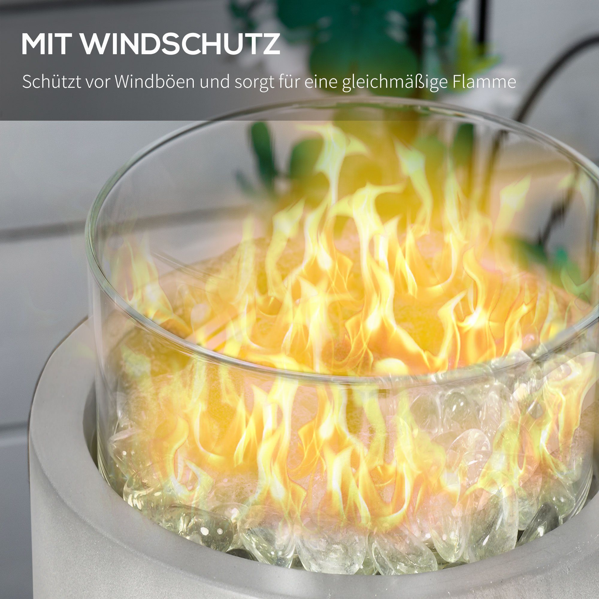 Outsunny Feuerstelle Tischfeuerschale, mit Glassteinen, Tragbare Feuerstelle, (Passend zum Regenschirmloch, 1-St., Heizstrahler im Betonoptik mit Glasperlen), ØxH: 25.4 x 18.5 cm