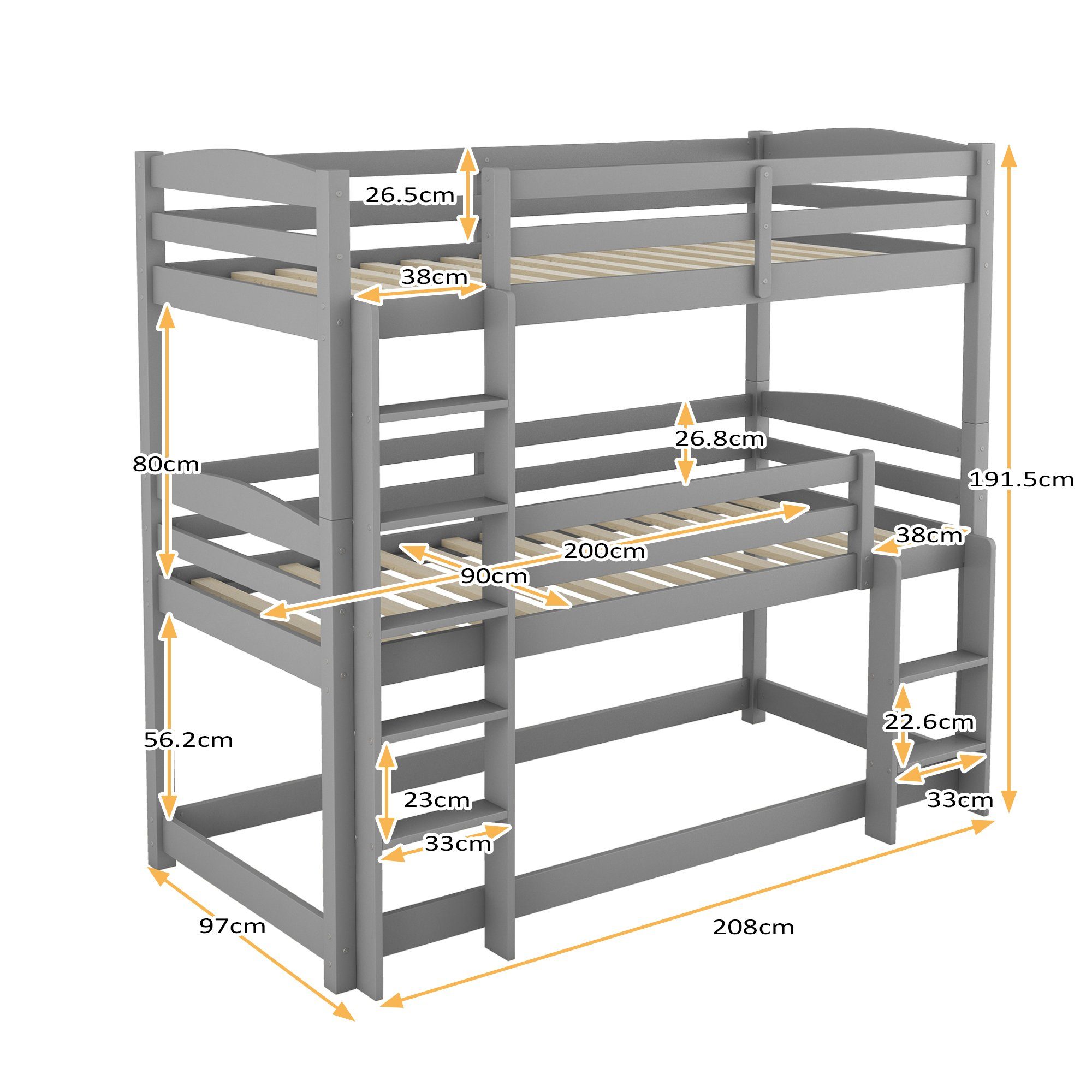 REDOM Bett Dreier-Etagenbett, Kinderbetten Gästebett Einzelne Betten (90 x 200cm), Ohne Matratze