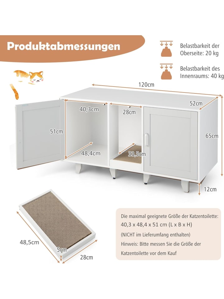 COSTWAY Katzenschrank mit 2 Türen 120x52x65cm in Grau günstig kaufen 120 cm