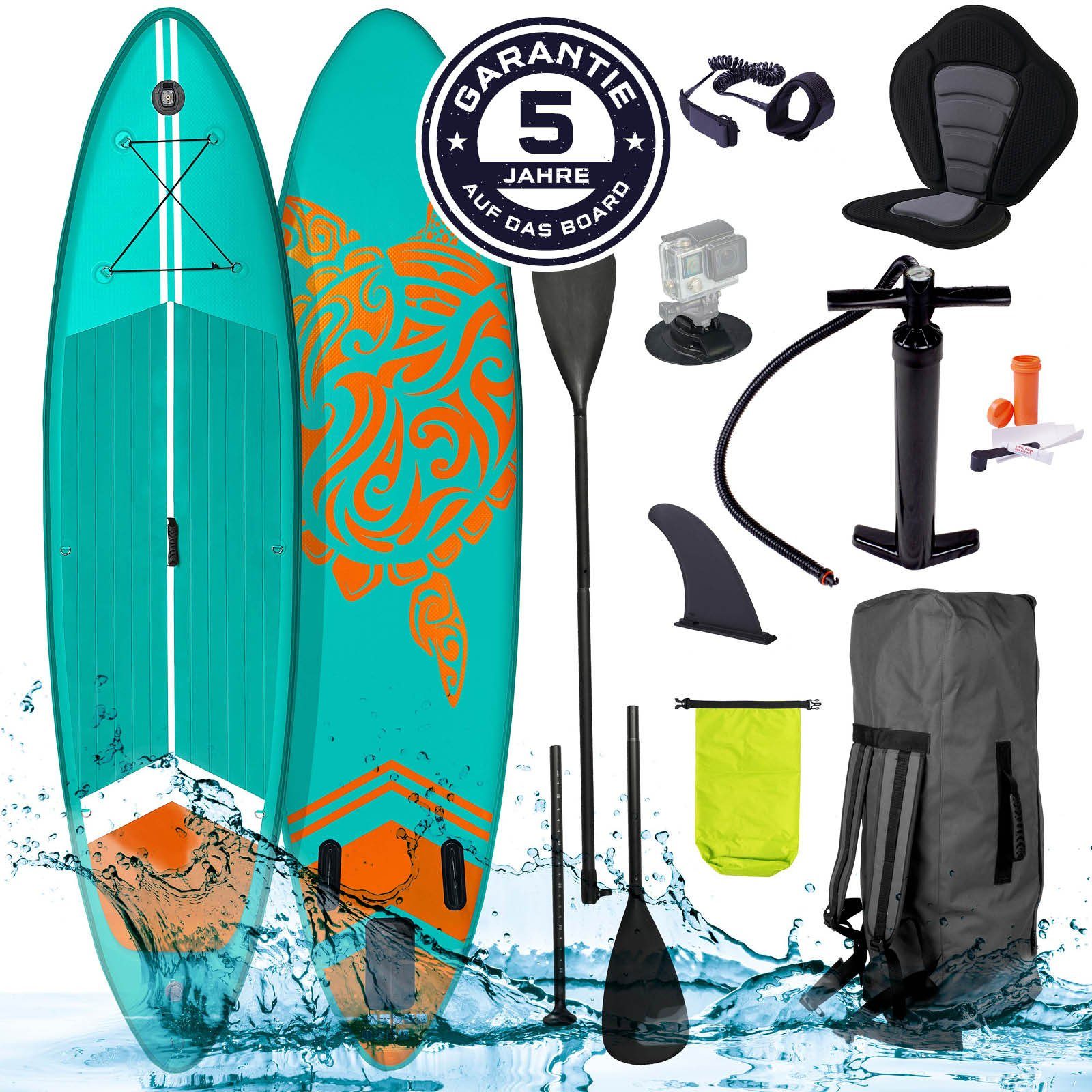 BRAST SUP-Board BRAST SUP Board SUPER Set Aufblasbares Stand up Paddle mit extra Zubehör 320x81x15cm incl. Kajaksitz Kamerahalterung Paddel Fußschleife Rucksack Pumpe