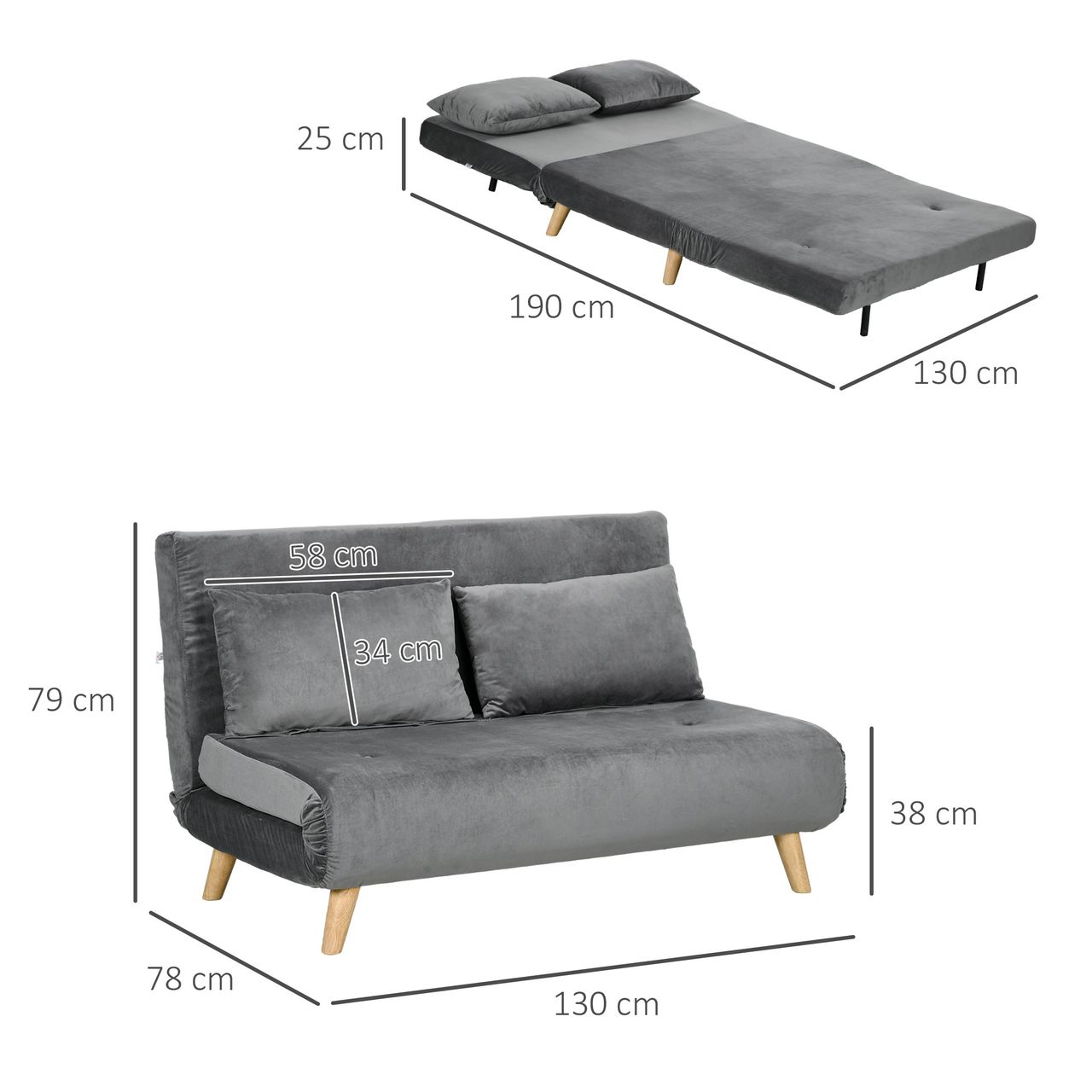 HOMCOM Schlafsofa 2-Sitzer Sofa mit Bettfunktion, Klappsofa mit Kissen, Grau