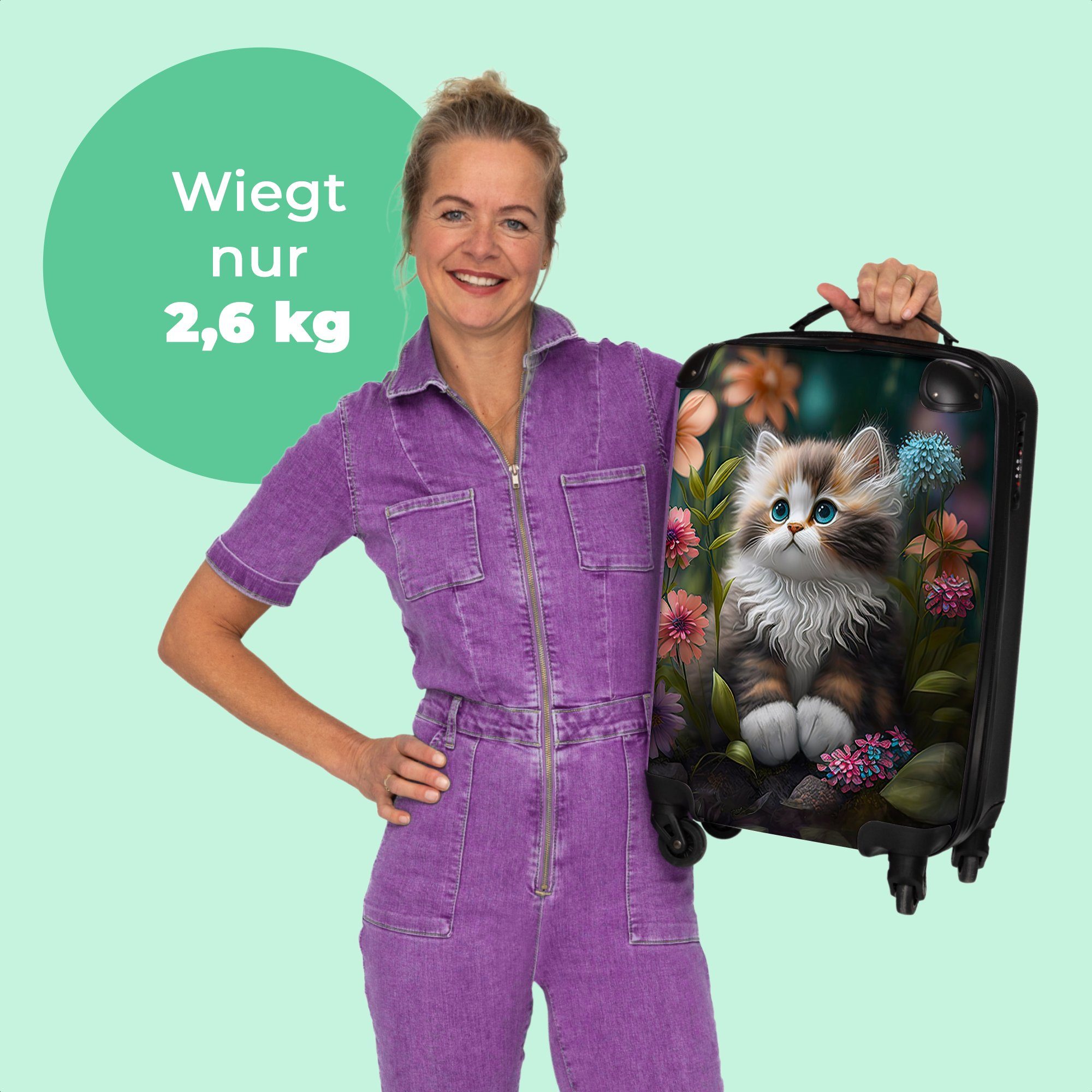 NoBoringSuitcases.com© Handgepäckkoffer 55x35x20cm Kätzchen - Illustration - Blumen - Natur - Katze, 4 Rollen, Handgepäck Trolley Rollkoffer Kleine Reisekoffer mit 4 Rollen - Cabin