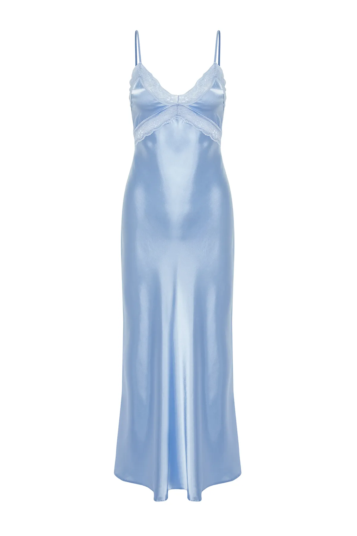 Trendyol Collection  Hellblaues Nachthemd aus gewebtem Satin mit Spitzendetails und Seilträgern THMSS24GC00003