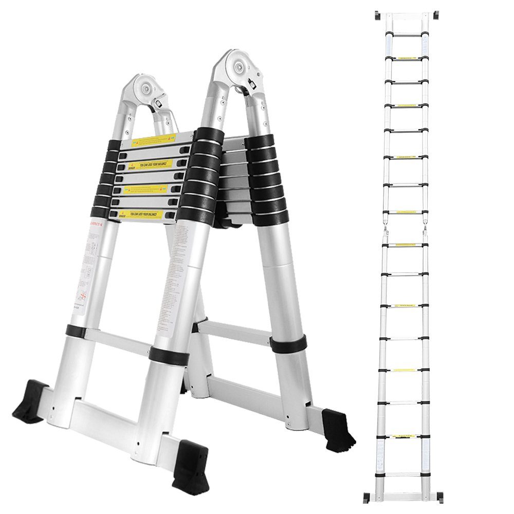 Lospitch Teleskopleiter Teleskopleiter Alu 2.5+2.5m Ausziehleiter Anlegeleiter Silber