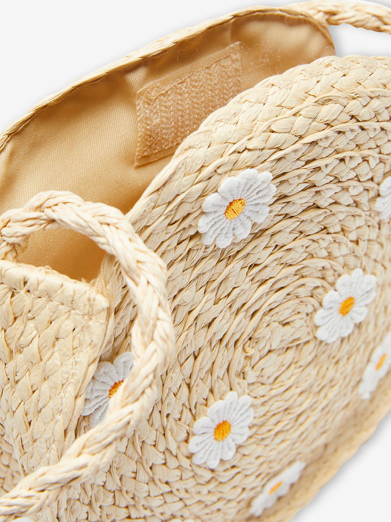 Sac rond fille marguerites façon paille sable