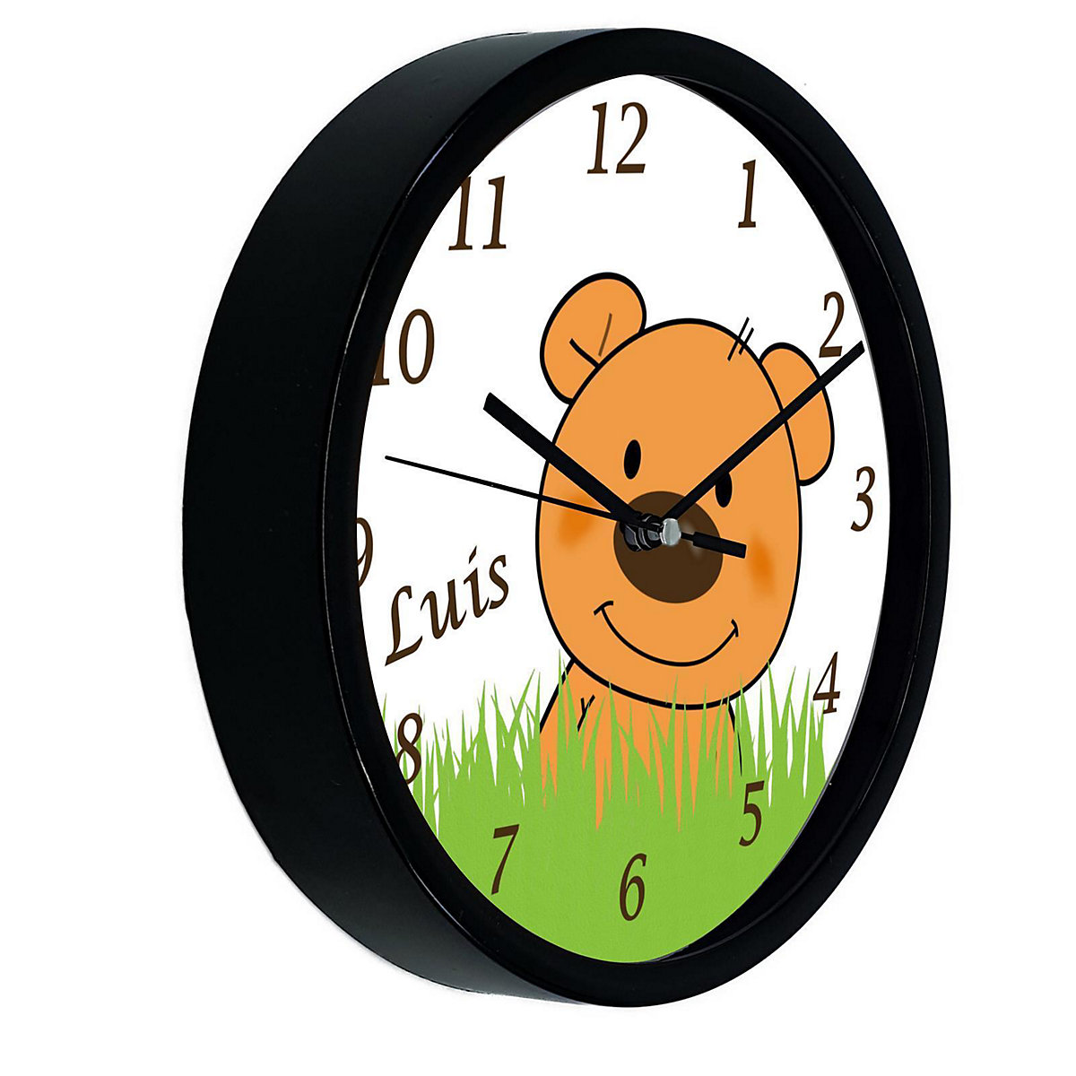 Kinder Wanduhr laufruhig personalisiert mit Name Teddy Bär-Graß