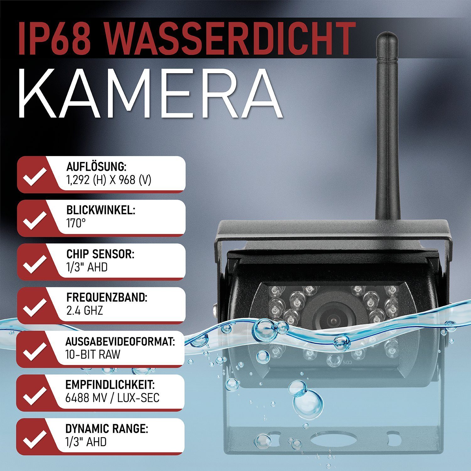CARMATRIX BDW-710C+1 Rückfahrkamera (Video Funk Rückfahrsystem Digital Auto LKW Wohnmobil Monitor 24V, Split, Quad, Aufnahmefunktion, Mikrofon, Distanzlabel, IPS Monitor)