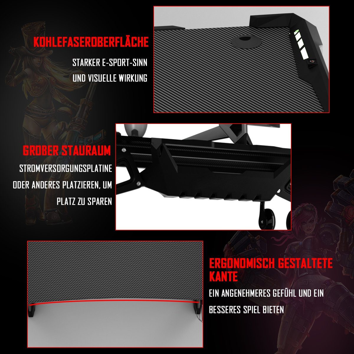 COSTWAY Gamingtisch, RGB-Led, Controller-Halterung mit 4 USB, Z-förmig 120cm