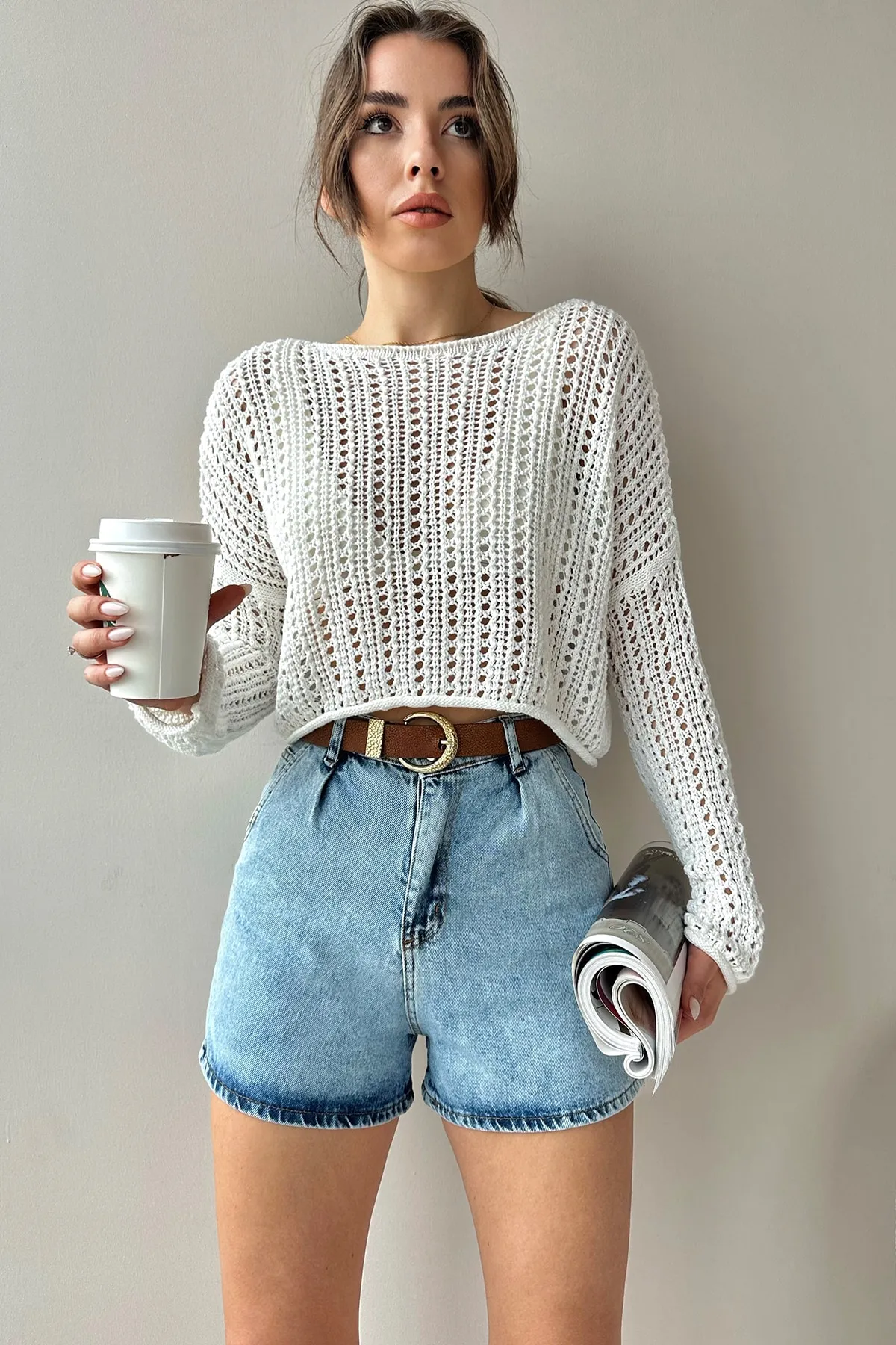 Trend Alaçatı Stili  Hellblaue Jeans-Shorts mit hoher Taille und vier Taschen für Damen ALC-X9963