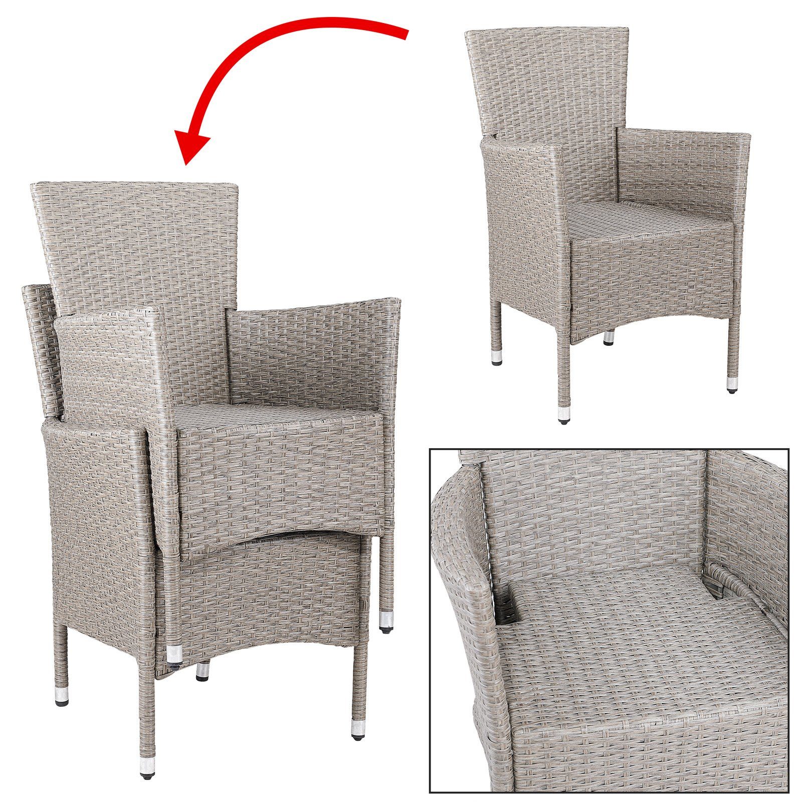 Casaria Gartenstuhl, Polyrattan 4er Set Stapelbar 7cm Auflagen 160kg Belastbarkeit