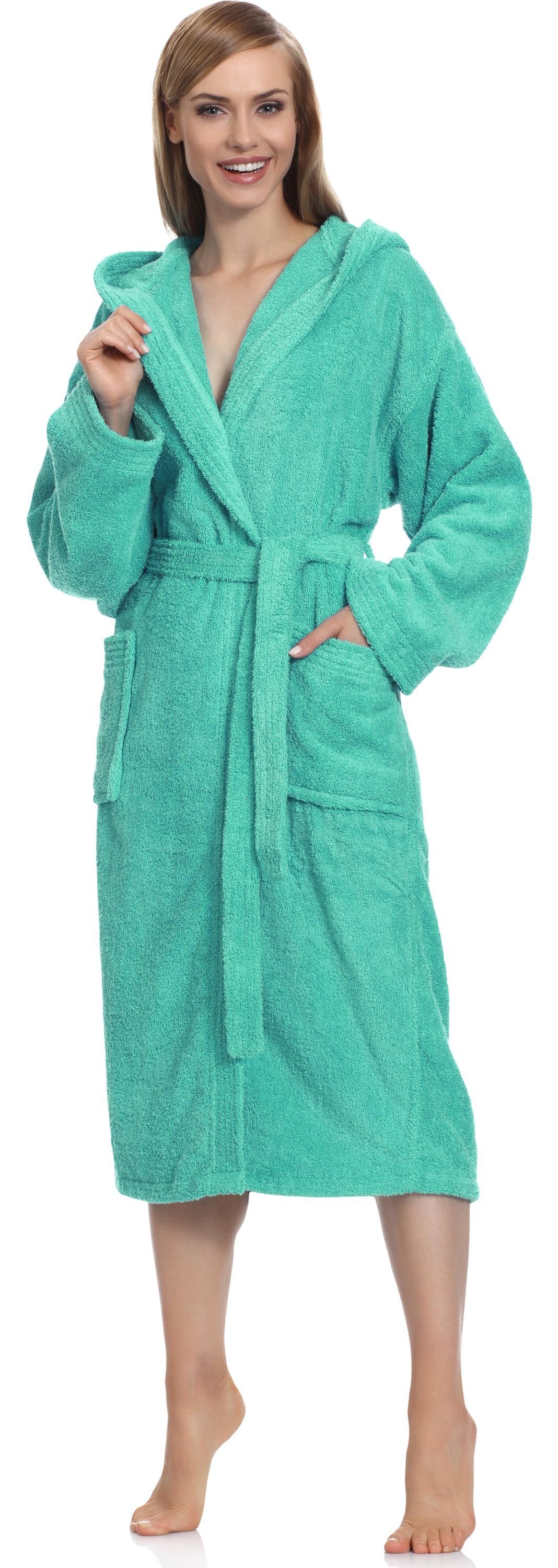 Ladeheid Bademantel Damen Frottee Bademantel aus 100% Baumwolle LA40-193, Langform, Baumwolle, Kapuze