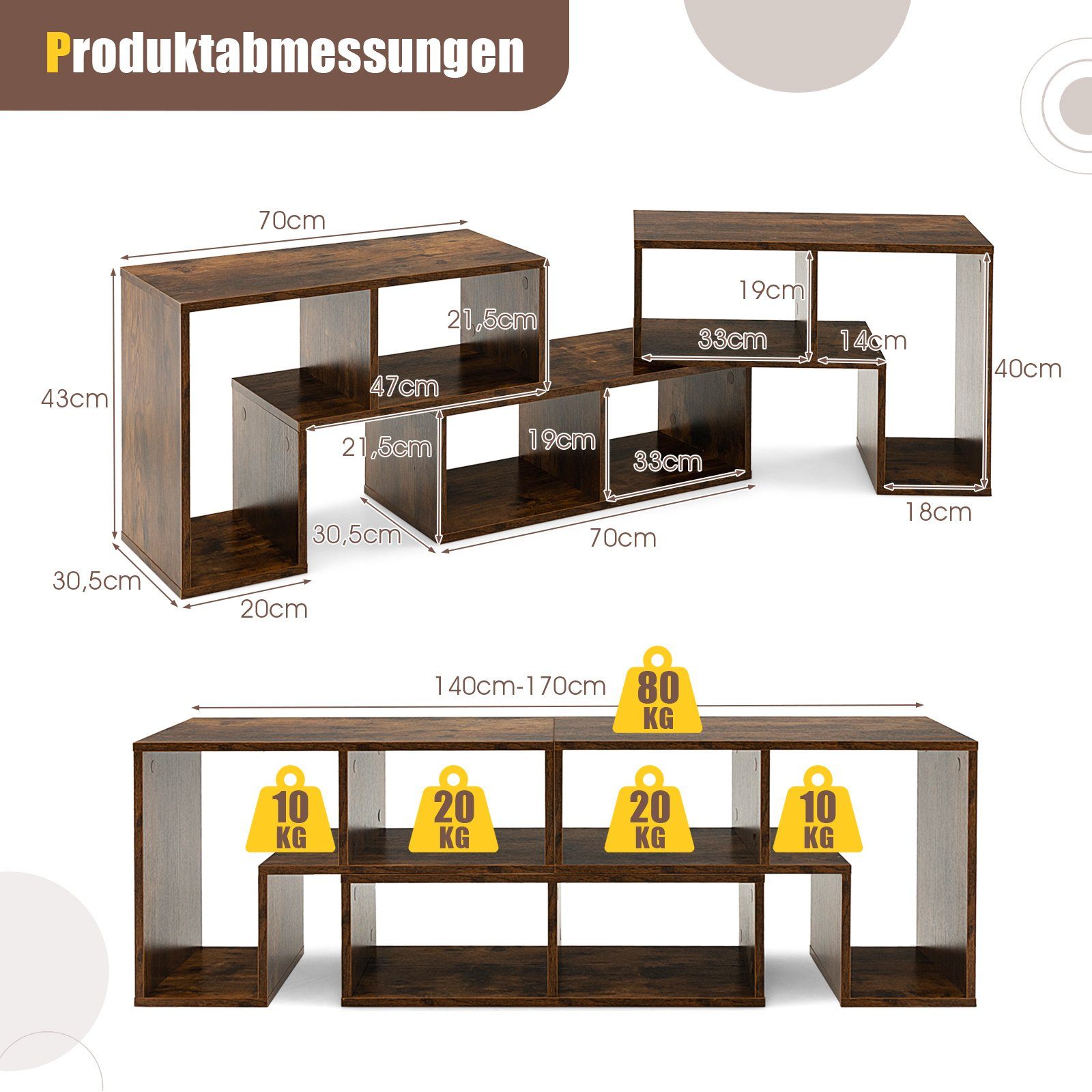 COSTWAY TV-Schrank Lowboard 3-teilig, Frei Kombinierbar, für TVs bis zu 65