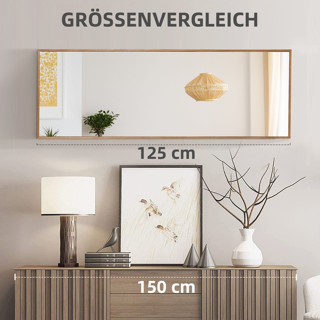 HOMCOM Wandspiegel Garderobenspiegel 125 x 45cm Flurspiegel mit Holzrahmen Natur