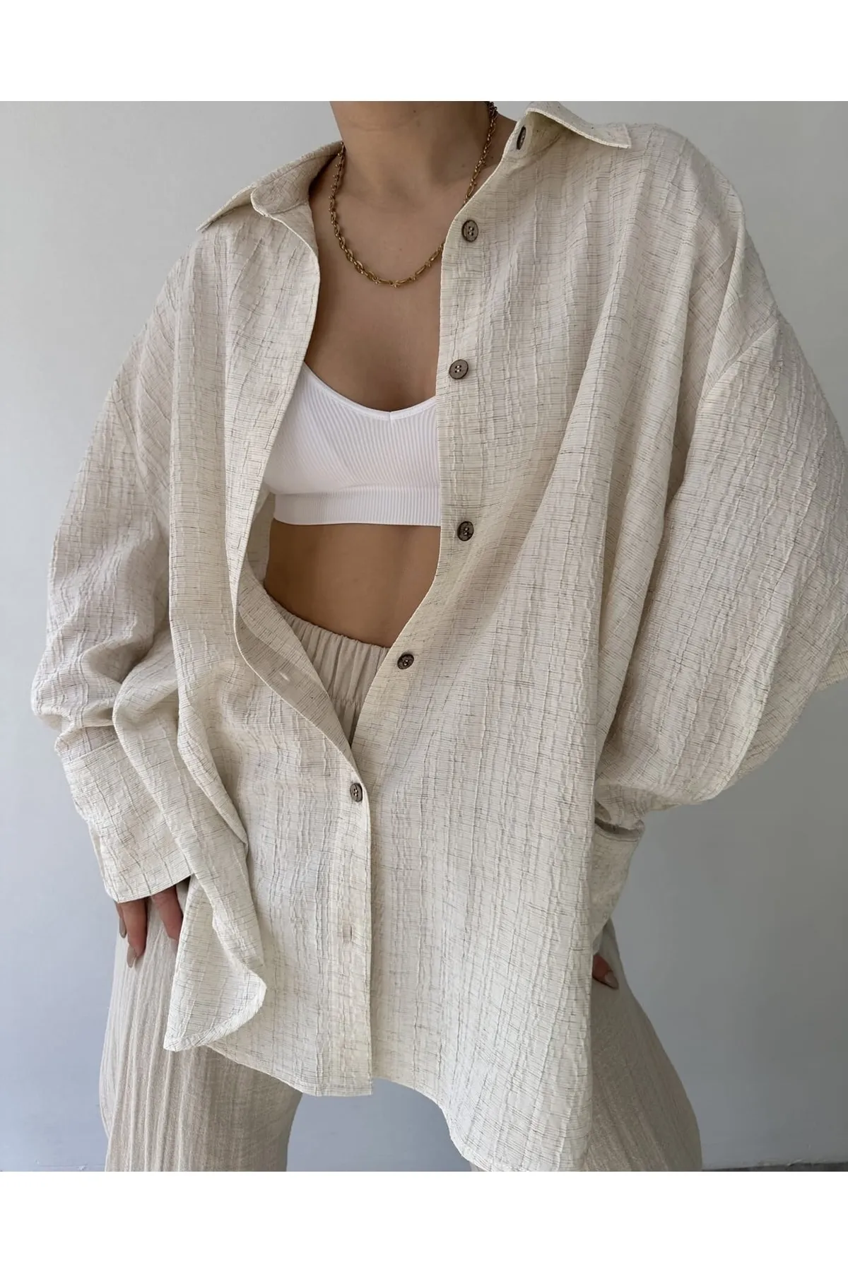 MAİ COLLECTİON  Beiges Durres-Leinen-Oversize-Hemd