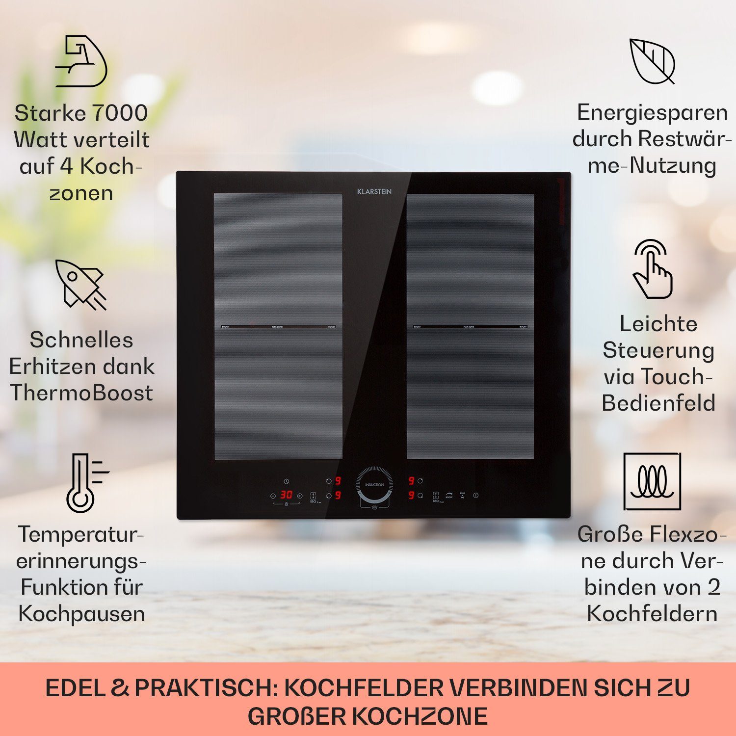 Klarstein Induktions-Kochfeld Delicatessa 60 Einbaukochfeld Induktion 4 Zonen 7000W Glaskeramik CP4-Delicatessa-60-B, Einbau Induktionskochfeld 4 Kochfelder Platten Induktionsherd